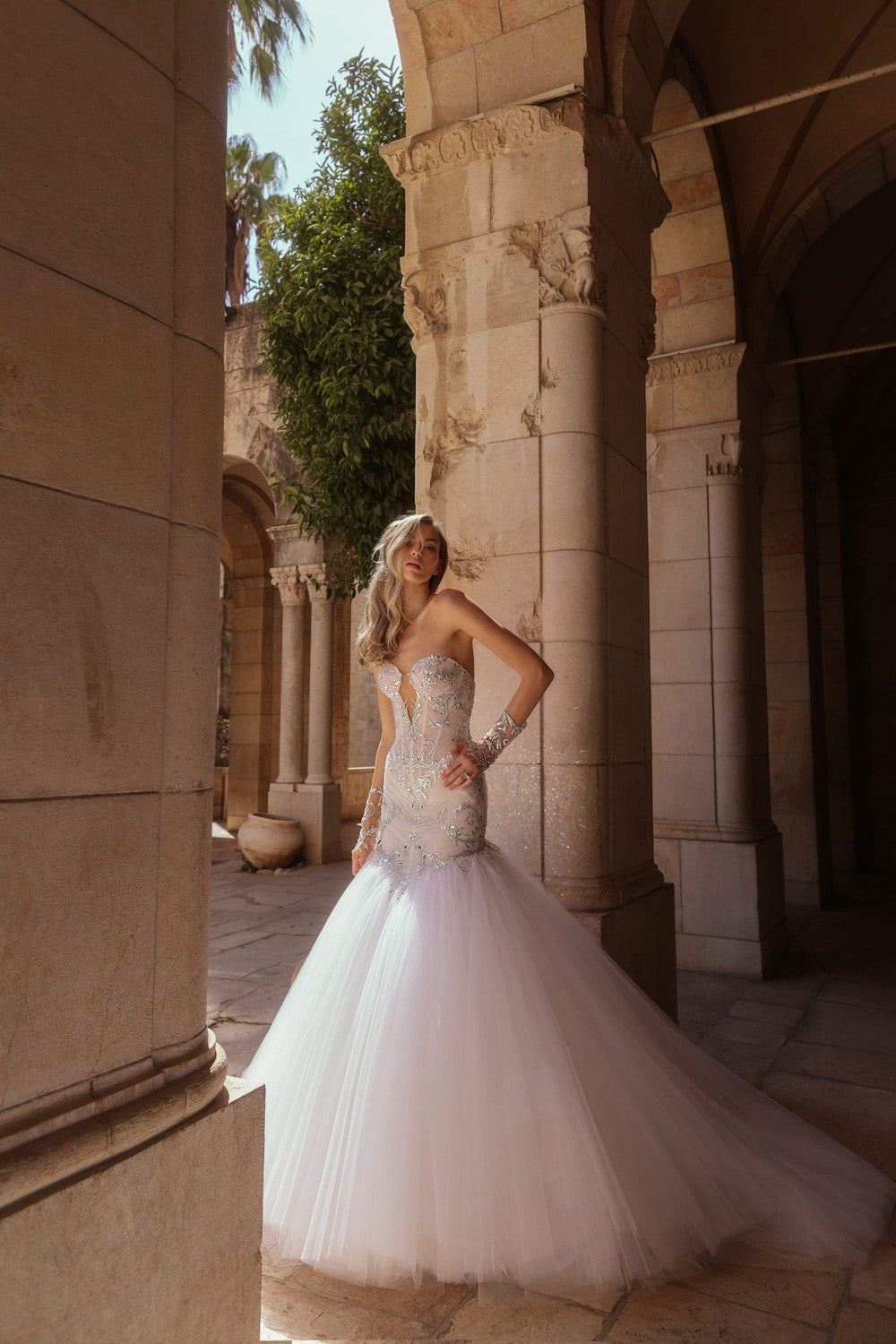 pnina tornai glitter dress Sparkly Strapless Basque-Waist Tulle Mermaid Wedding Dress