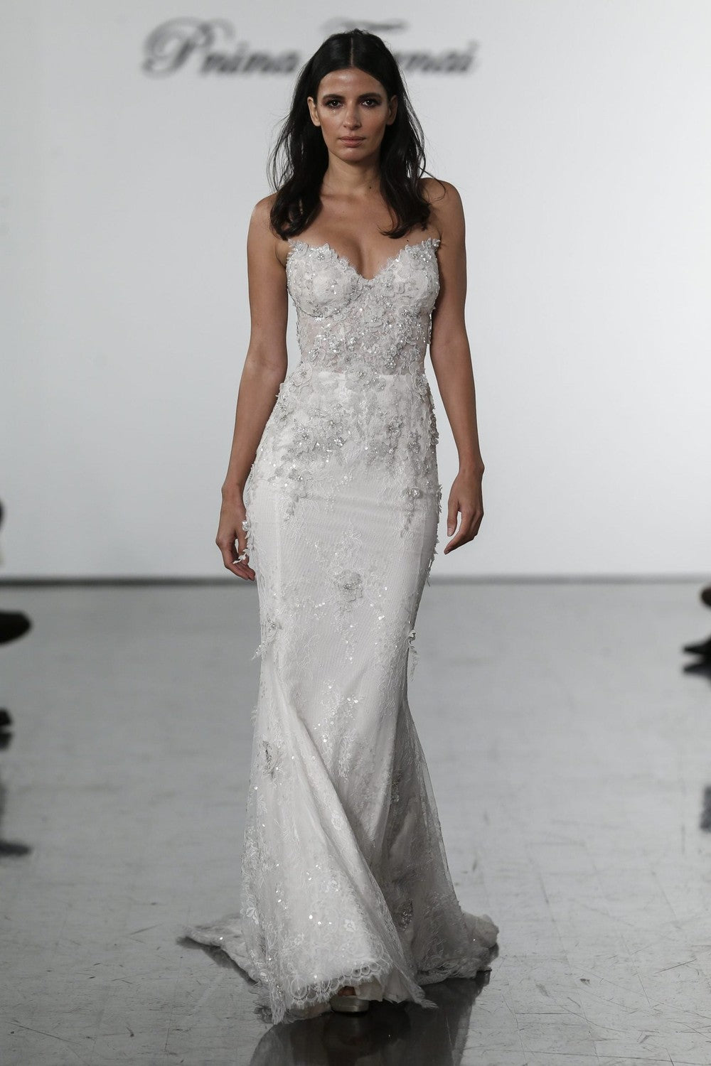 Sweetheart Lace Sheath With Embroidered Flowers by Pnina Tornai — image 1 of 2