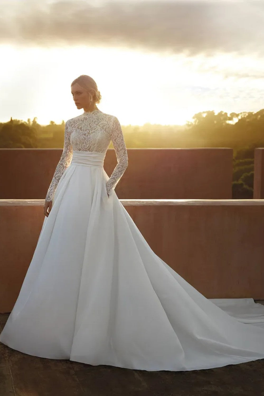 strapless open back dress High Neck Wedding Dress with Long Sleeves – Wedding Gown Open Back Lac –  WonderlandByLilian main image 1