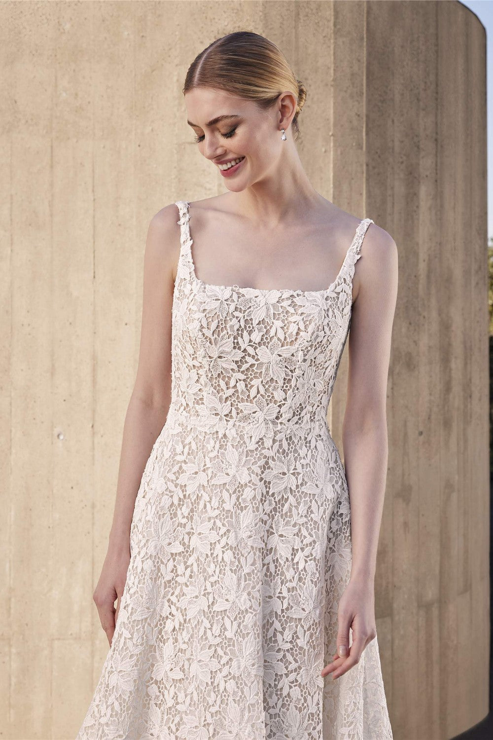 Square-Neck Floral Lace A-Line Wedding Dress With Detachable Topper by Pronovias — image 2 of 3