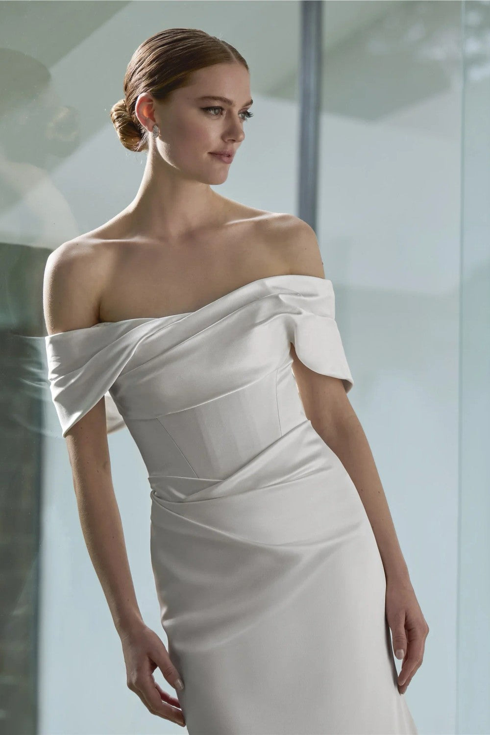 Simple Off-The-Shoulder Silk Sheath Wedding Dress With Buttons by Pronovias — image 2 of 3