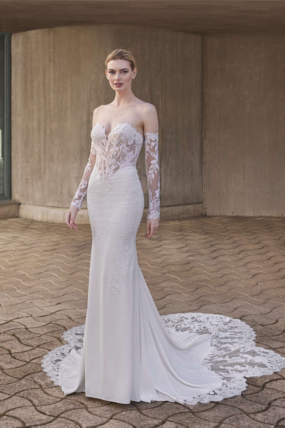 Sleek And Romantic Lace Sheath Wedding Dress With Detachable Sleeves by Pronovias — image 1 of 3