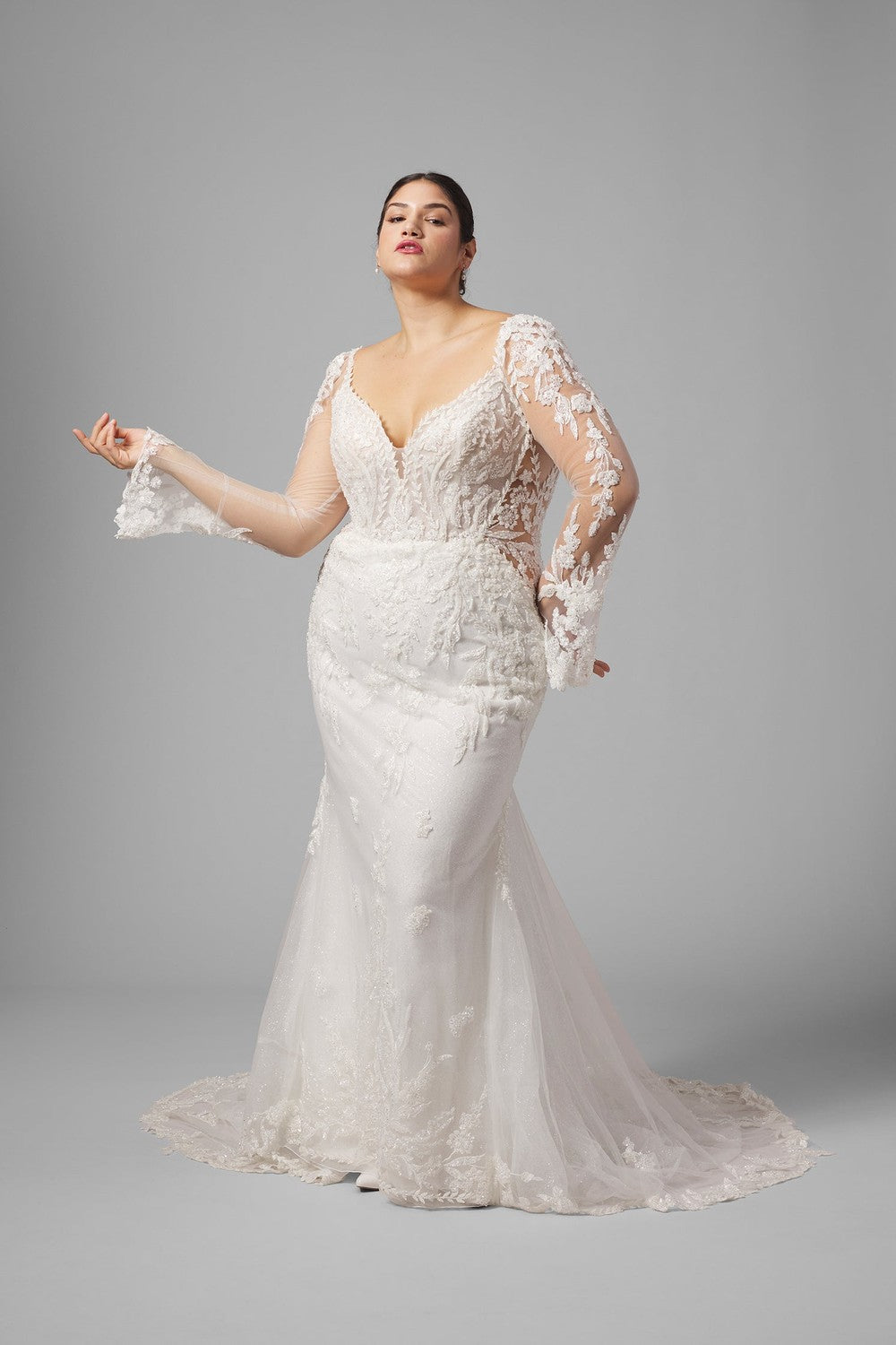 Plus-Size Sparkly Lace Long Sleeve Fit-And-Flare Wedding Dress With Open Back by Randy Fenoli — image 1 of 6