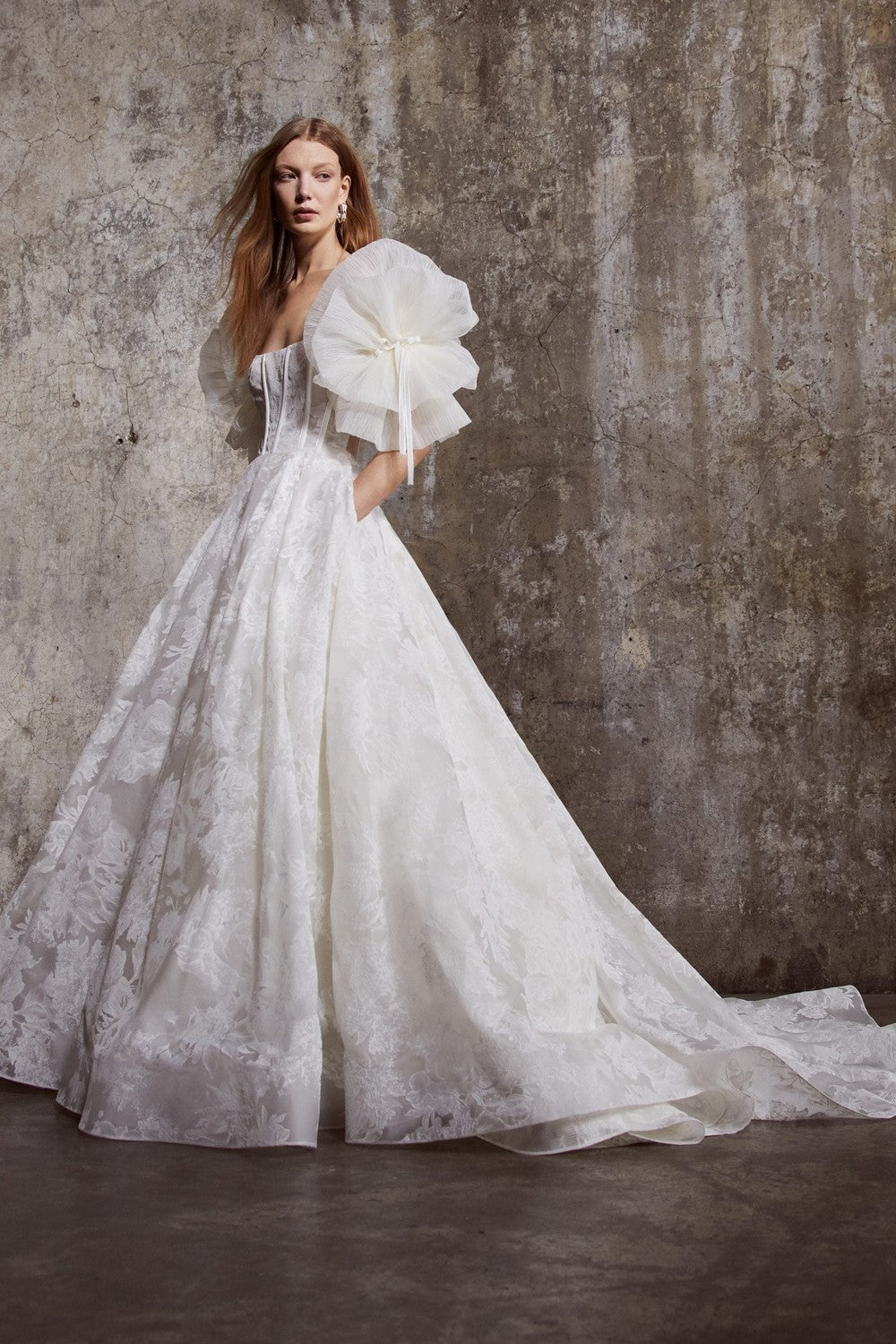 Floral Embossed Organza Ball Gown With Detachable Sleeves by Rivini — image 1 of 2