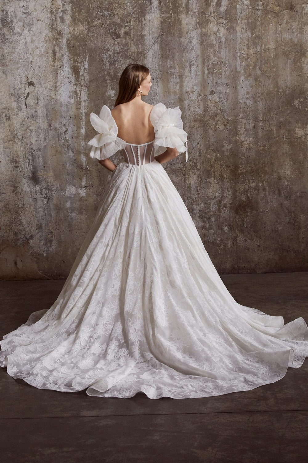 Floral Embossed Organza Ball Gown With Detachable Sleeves by Rivini — image 2 of 2