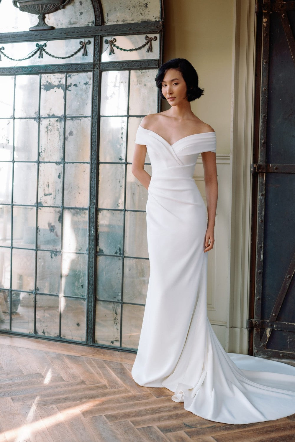 Simple Crepe Off-The-Shoulder Fit-And-Flare Wedding Dress by Sareh Nouri — image 1 of 4