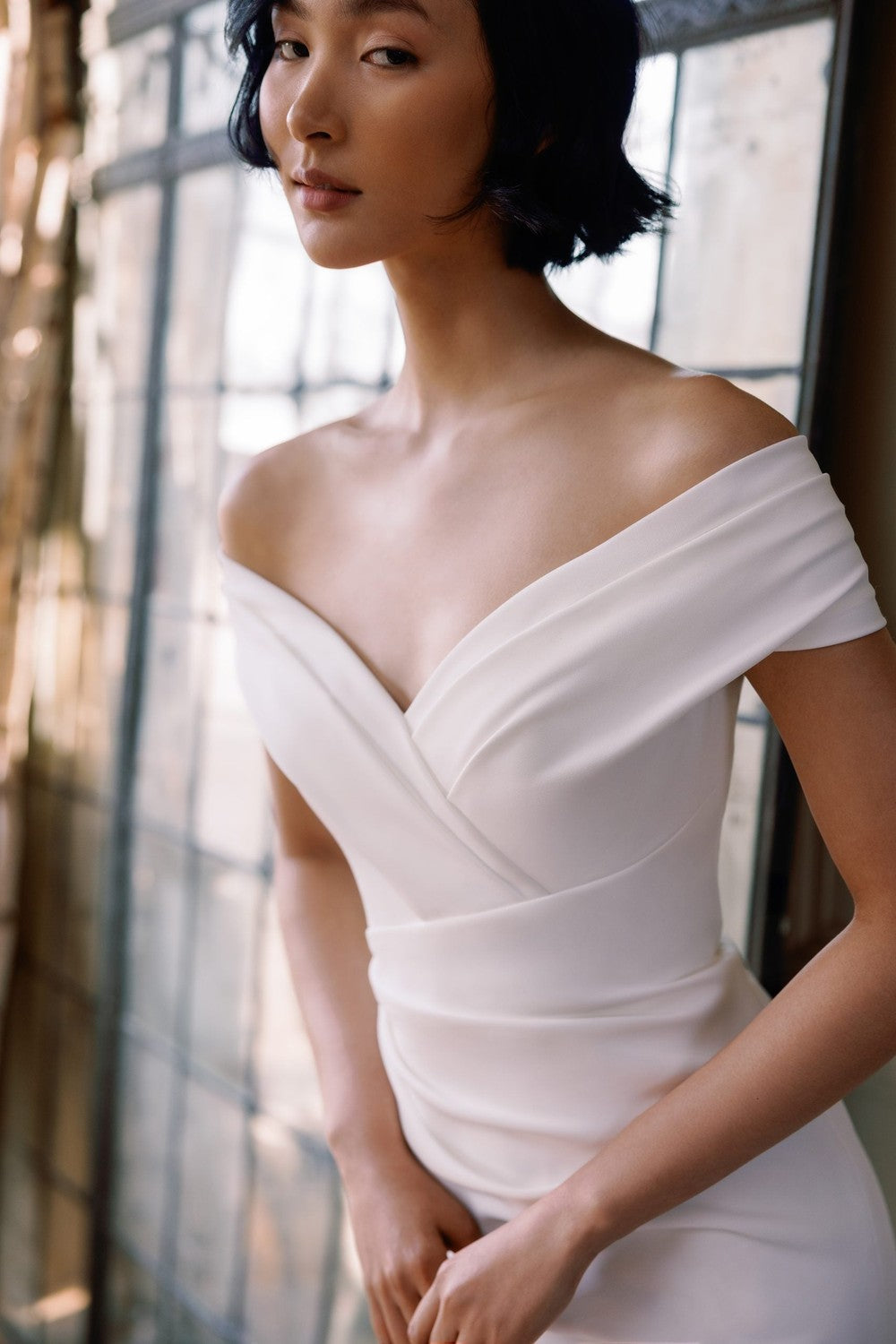 Simple Crepe Off-The-Shoulder Fit-And-Flare Wedding Dress by Sareh Nouri — image 4 of 4