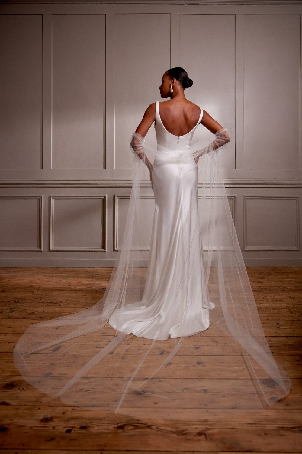 Chic And Simple Scoop-Neck Sheath Wedding Dress With Open Back And Cape by Savannah Miller — image 2 of 2