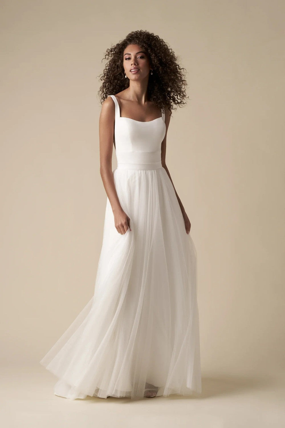 Simple Classic Square-Neck Sheath Wedding Dress With Tulle Overskirt by Kleinfeld Collection — image 4 of 5