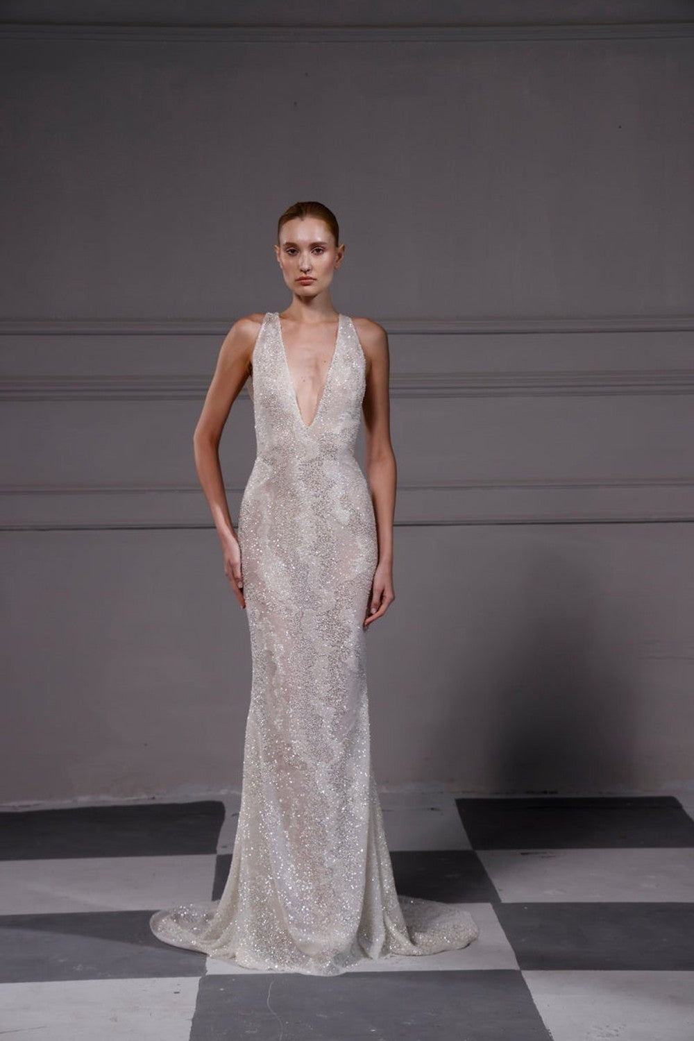 Sleek Daring V-Neck Sheath Wedding Gown
