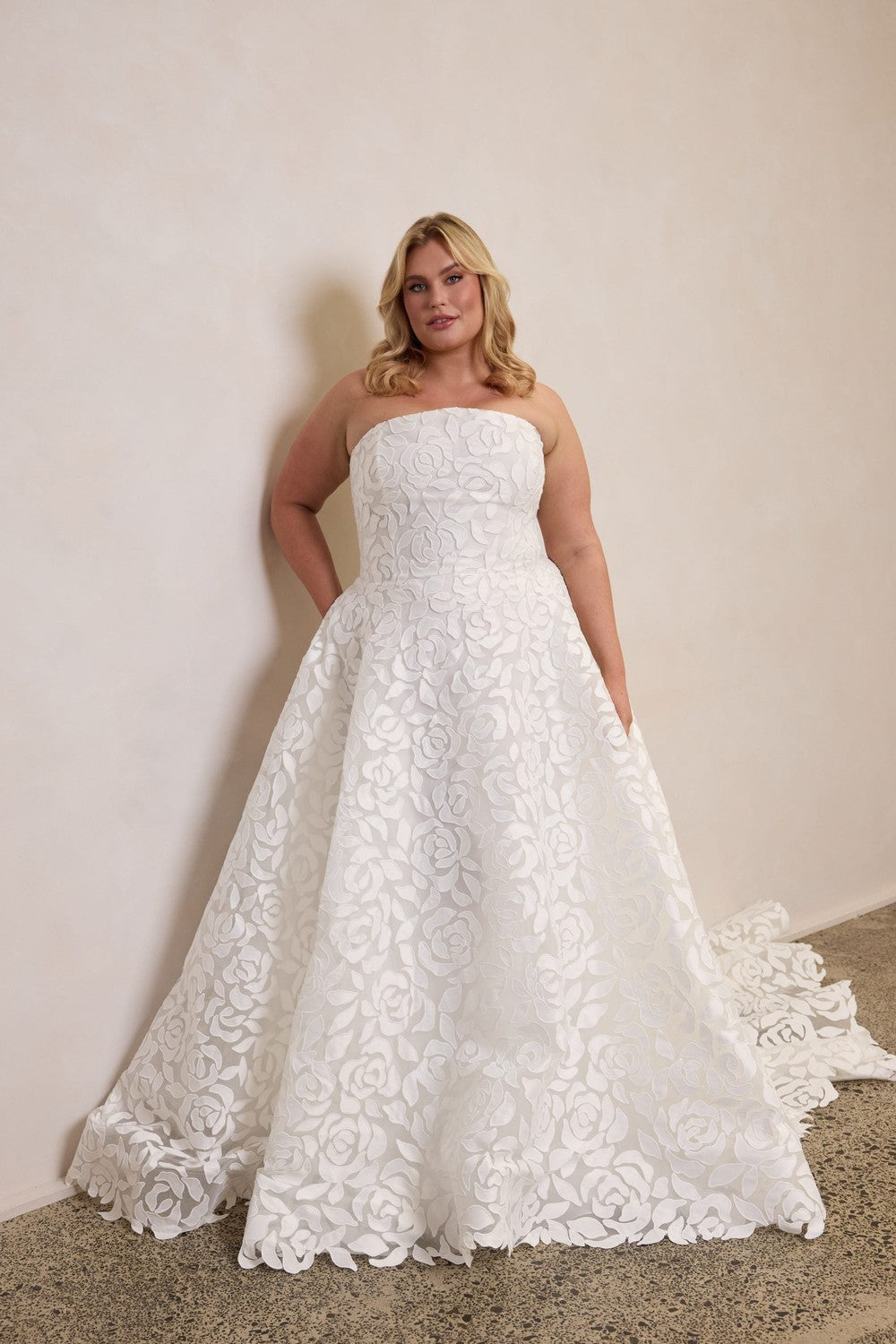 Bold Embroidered Lace A-Line Wedding Gown by Trish Peng — image 1 of 2