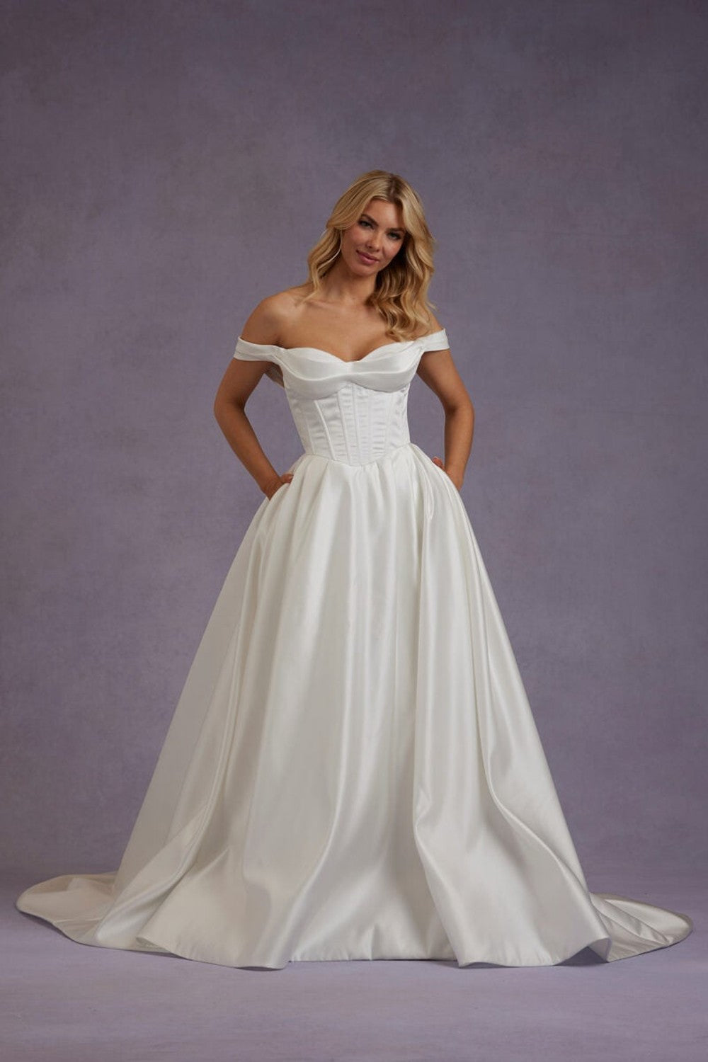 Classic And Simple Off-The-Shoulder Satin Ball Gown With Pockets by Verdin Bridal — image 1 of 2