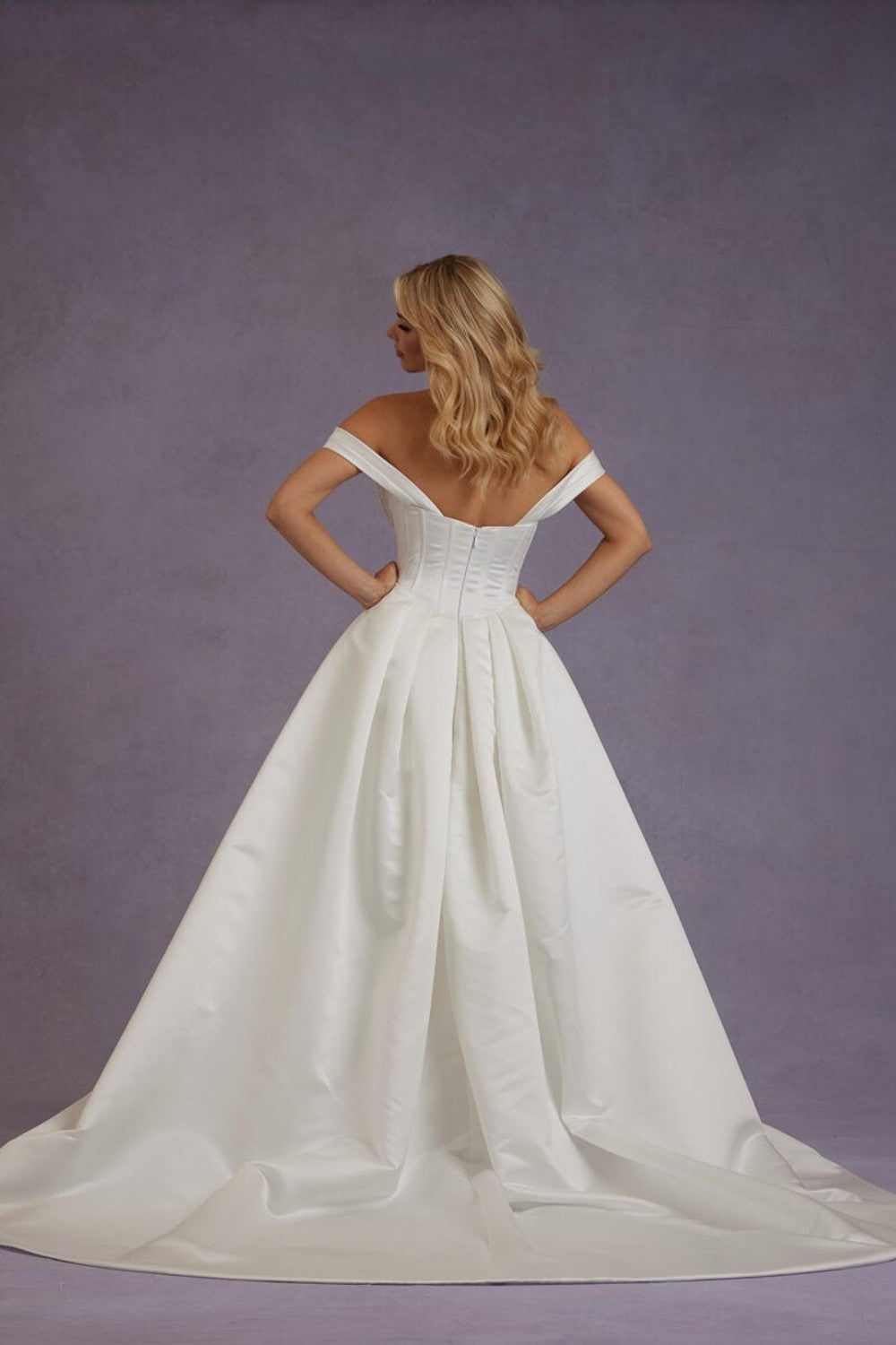 Classic And Simple Off-The-Shoulder Satin Ball Gown With Pockets by Verdin Bridal — image 2 of 2