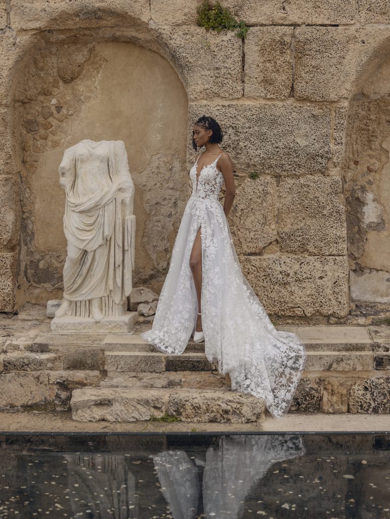 Lace A Line Wedding Dress With Front Slit And Open Back Kleinfeld Bridal