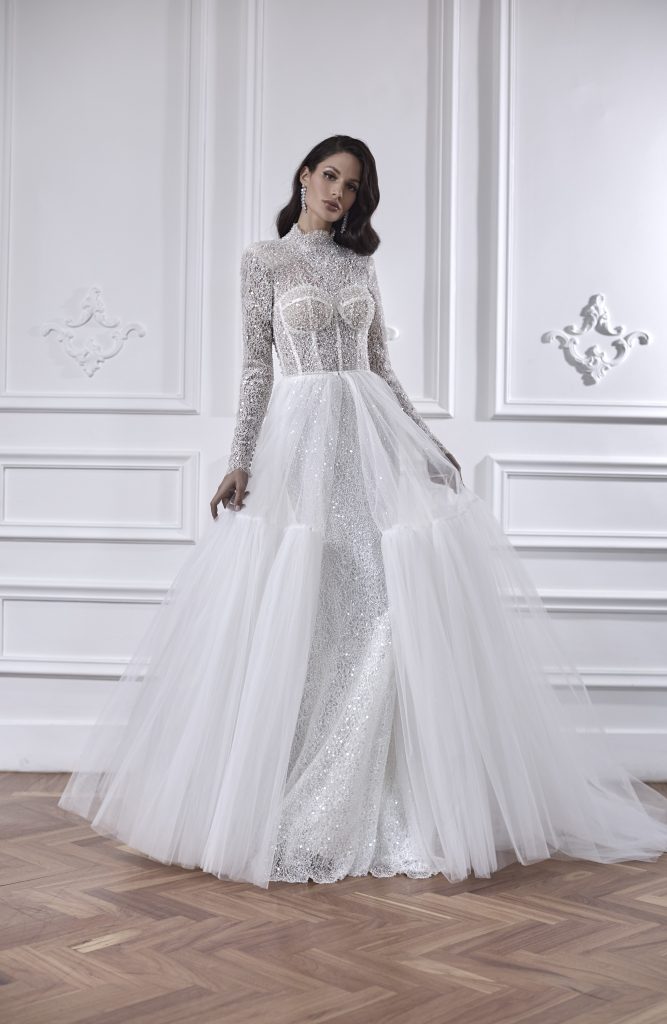 Long Sleeve Fit And Flare Wedding Dress With Detachable Overskirt