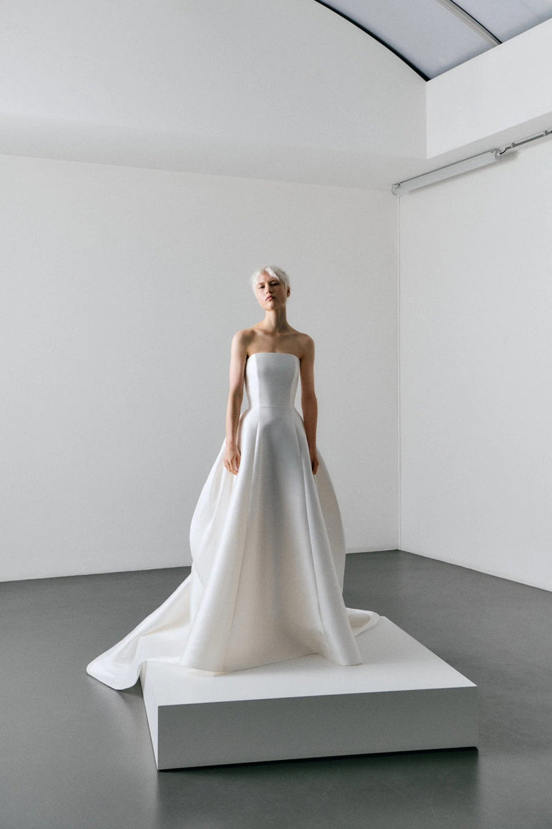 vintage minimalist wedding dress Simple Ivory Satin Vintage A-line Princess Wedding Dresses With Pockets,  MW698