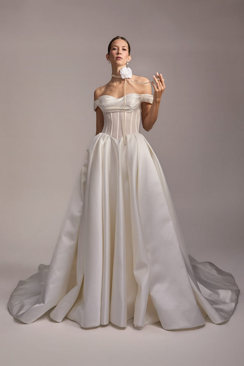 heavy satin wedding dress LaDivine BD104W Ravishing Cowl A-Line Satin Wedding Gown