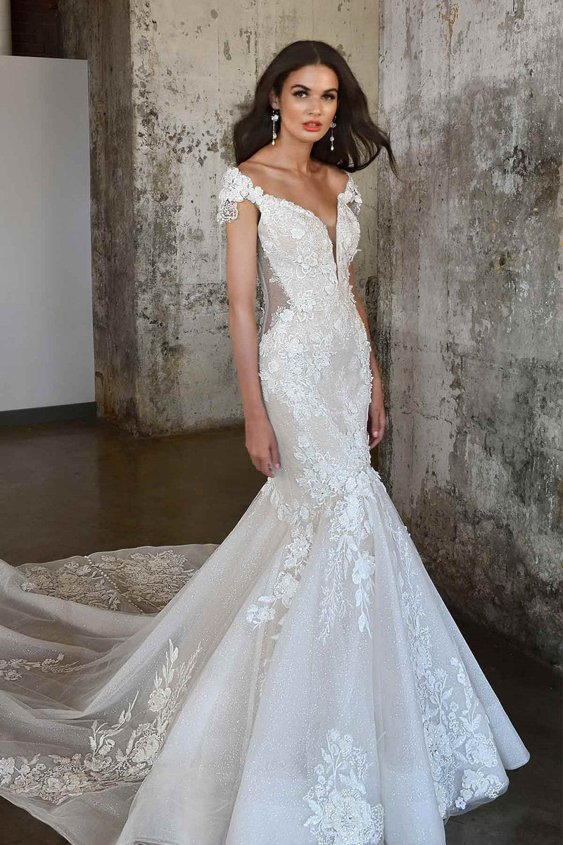 lace fit and flare wedding dress with cap sleeves Ruffle Cap Sleeves Mermaid Lace Wedding Dress