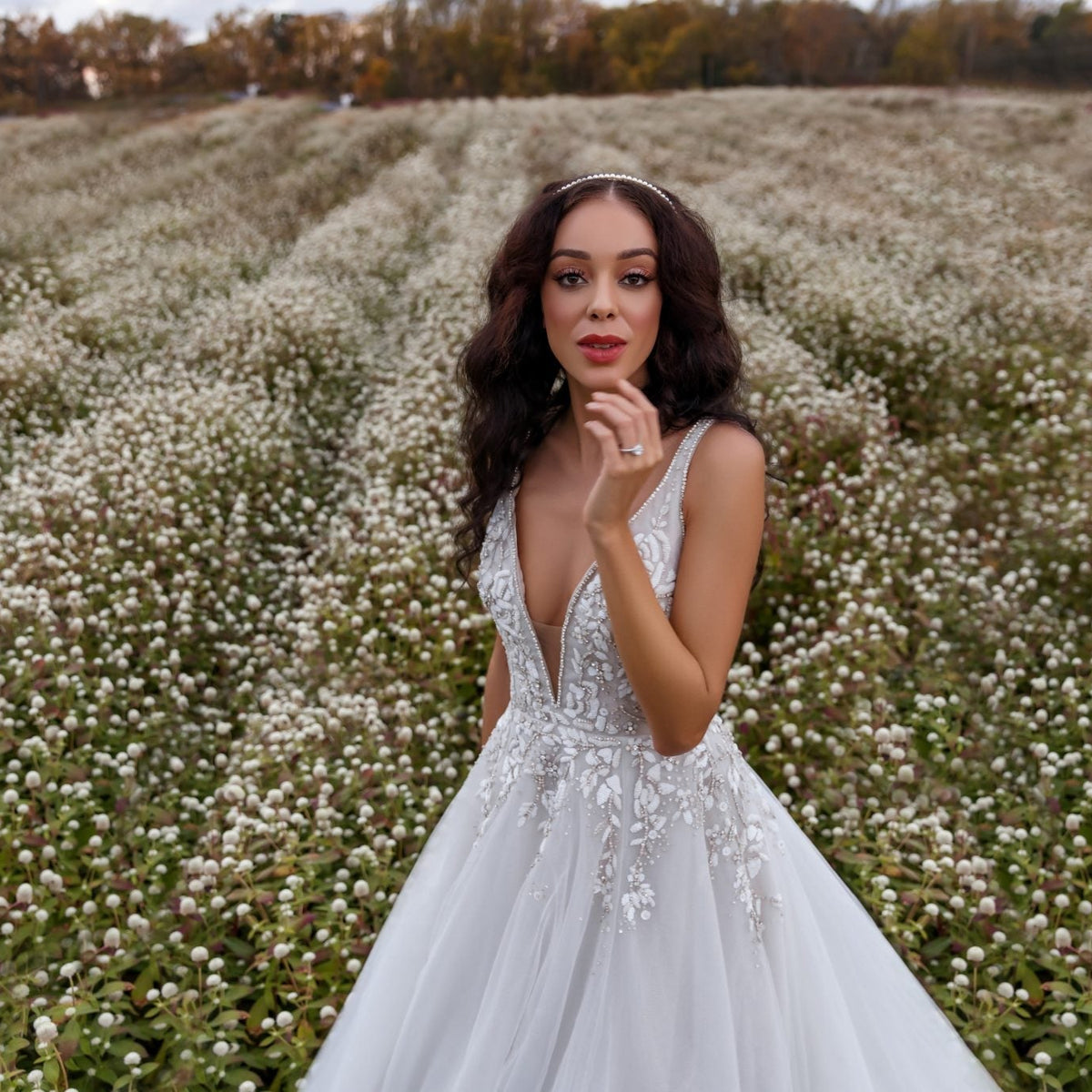 flowy dresses for wedding guest Flowy Tulle Lace A Line Sweep Train Wedding Dresses, PW392 main image 0