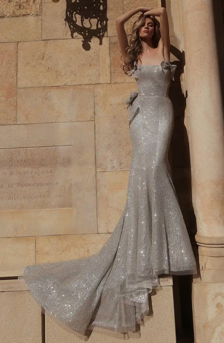 Pnina Tornai Silver Crystal Fit-and-Flare Gown