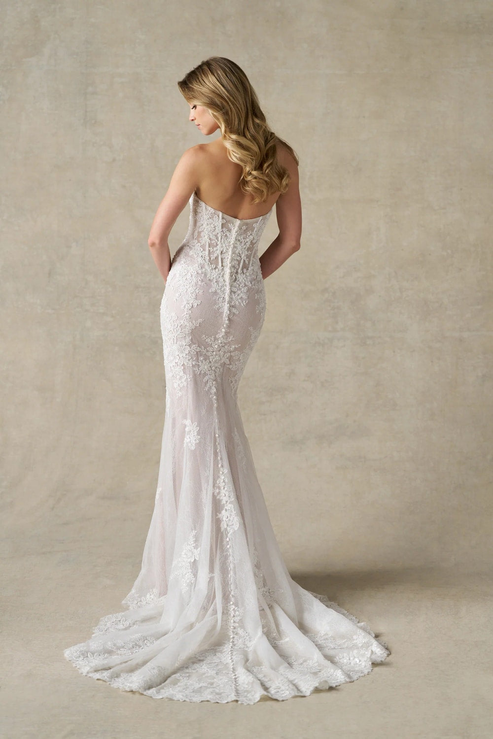 Modern Lace Sheath Wedding Dress with Subtle Shimmer by Allure Bridals — image 4 of 4