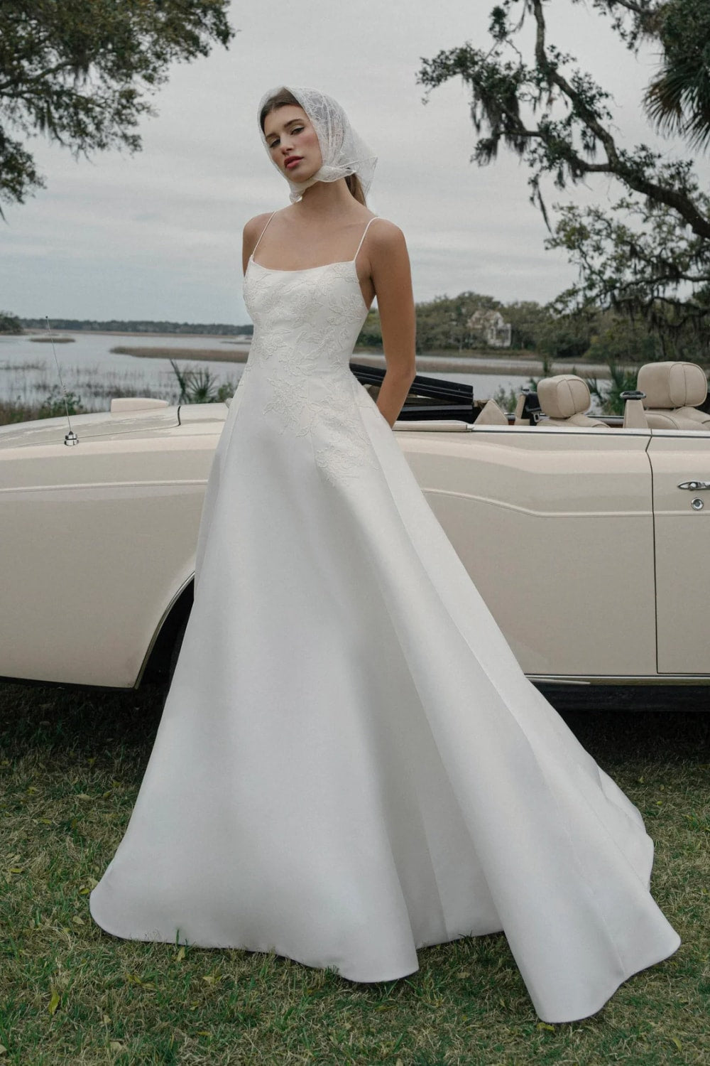 Simple Scoop Neck A-Line Wedding Dress with Floral Lattice Appliqués by Anne Barge — image 1 of 3