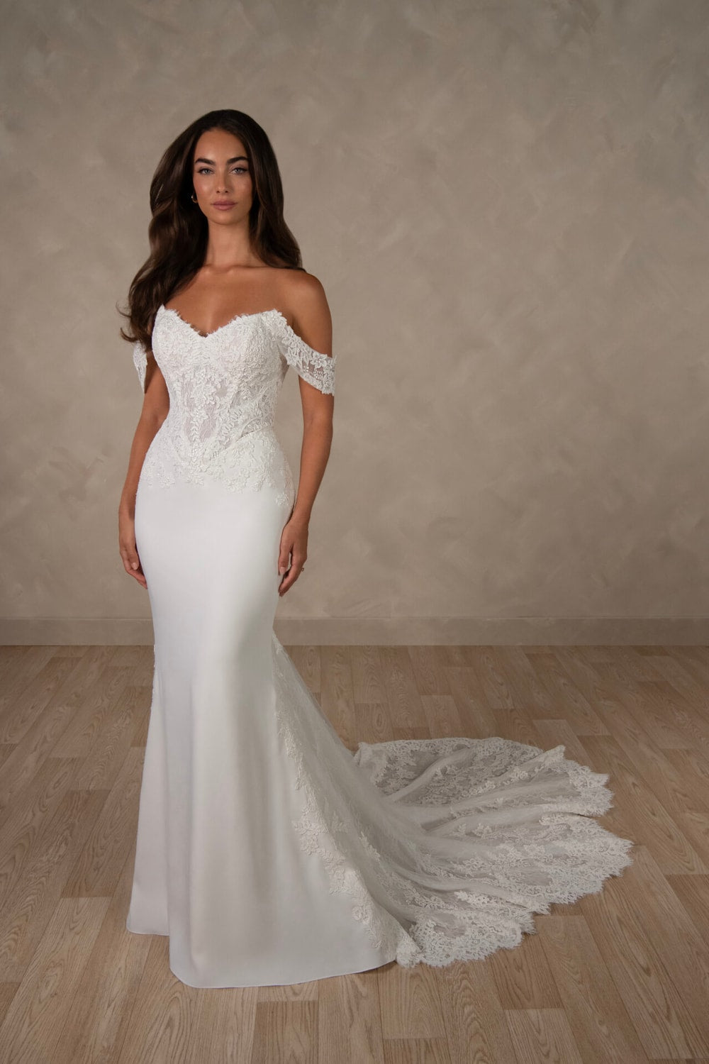 Elegant Detachable Off-The-Shoulder Fit-And-Flare Wedding Dress by Essense of Australia — image 1 of 2
