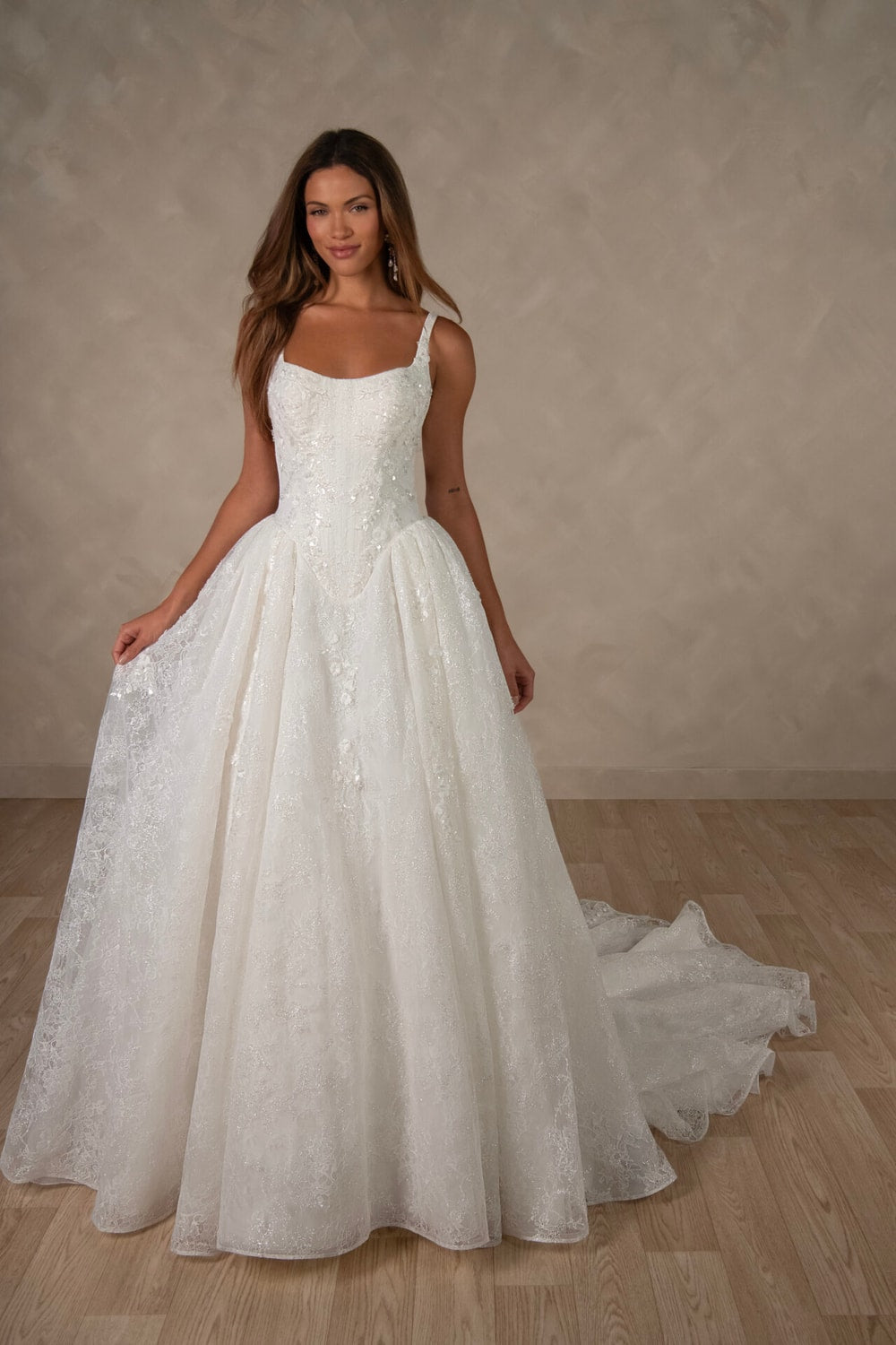 Opulently Detailed Modern Ball Gown with Square Neckline by Essense of Australia — image 1 of 2