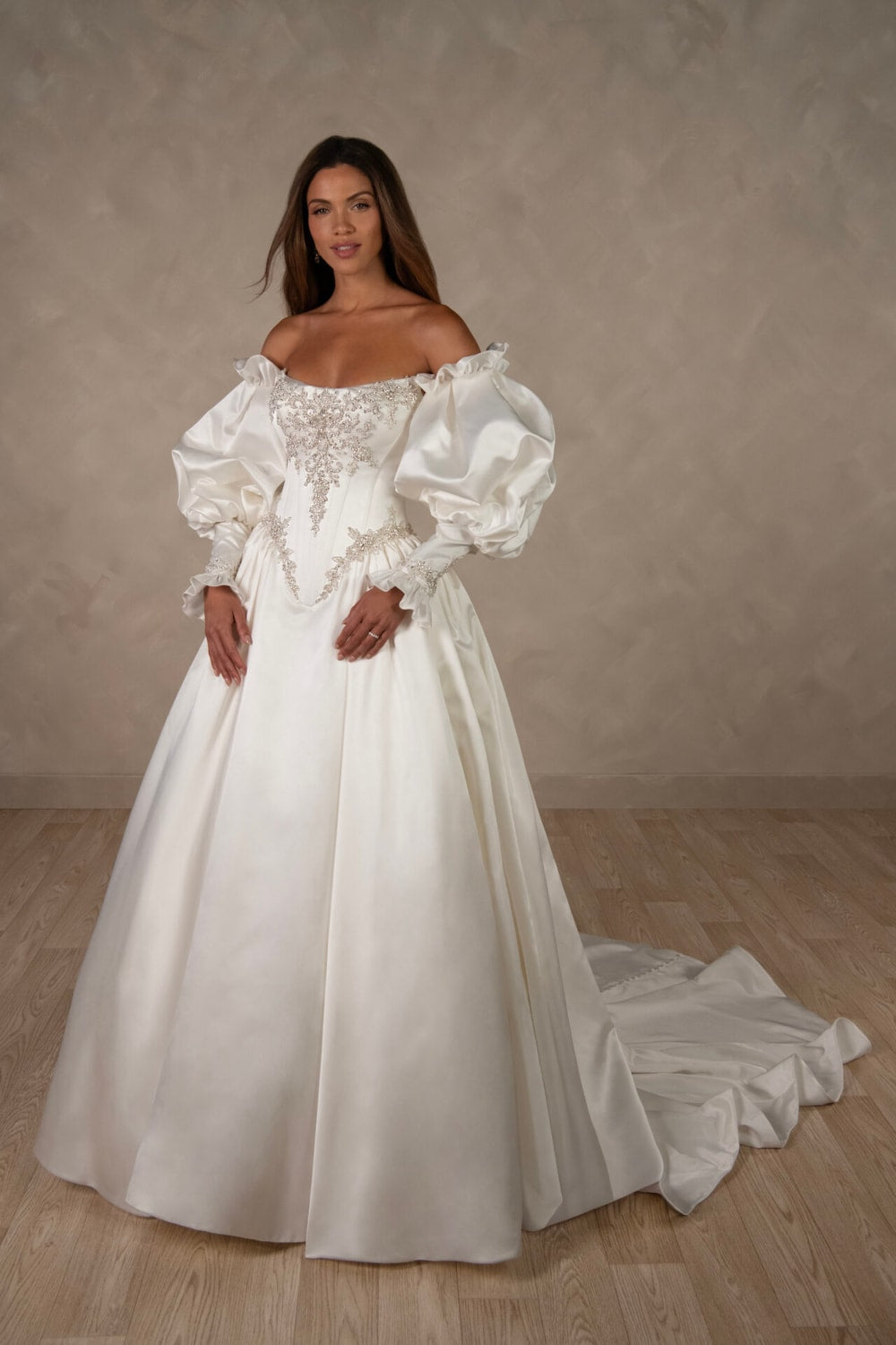 Detachable Long-Sleeve Romantic Ball Gown with Bodice Detailing by Essense of Australia — image 1 of 2