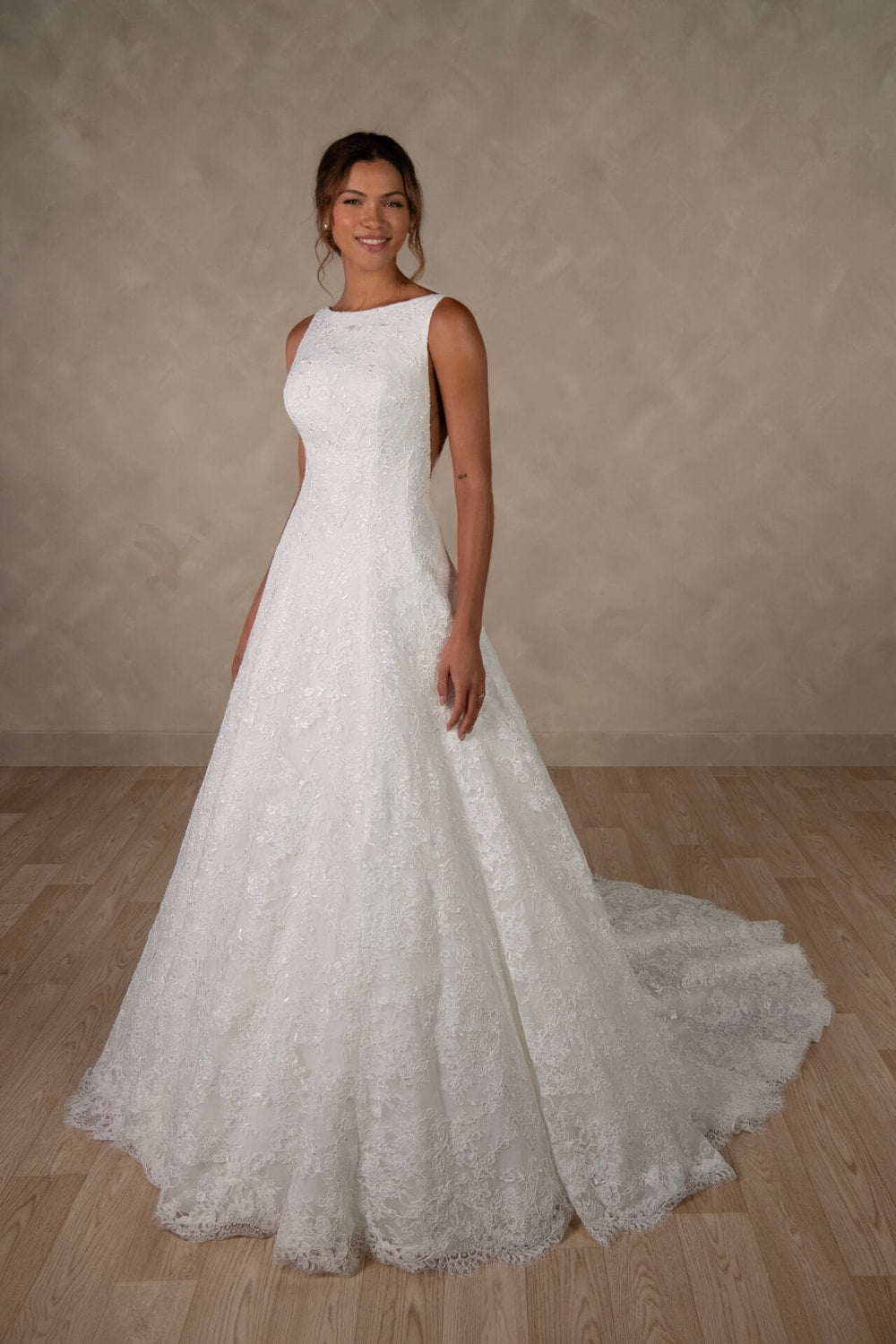 Chic Boatneck A-Line Wedding Dress with Graphic Lace Details by Essense of Australia — image 1 of 2