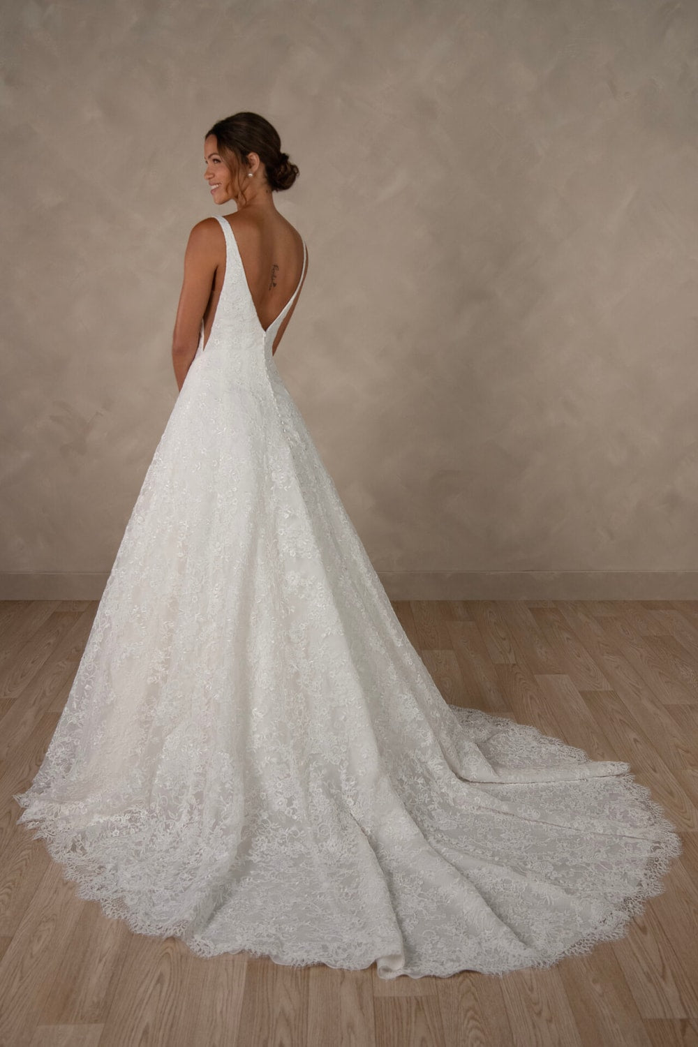 Chic Boatneck A-Line Wedding Dress with Graphic Lace Details by Essense of Australia — image 2 of 2