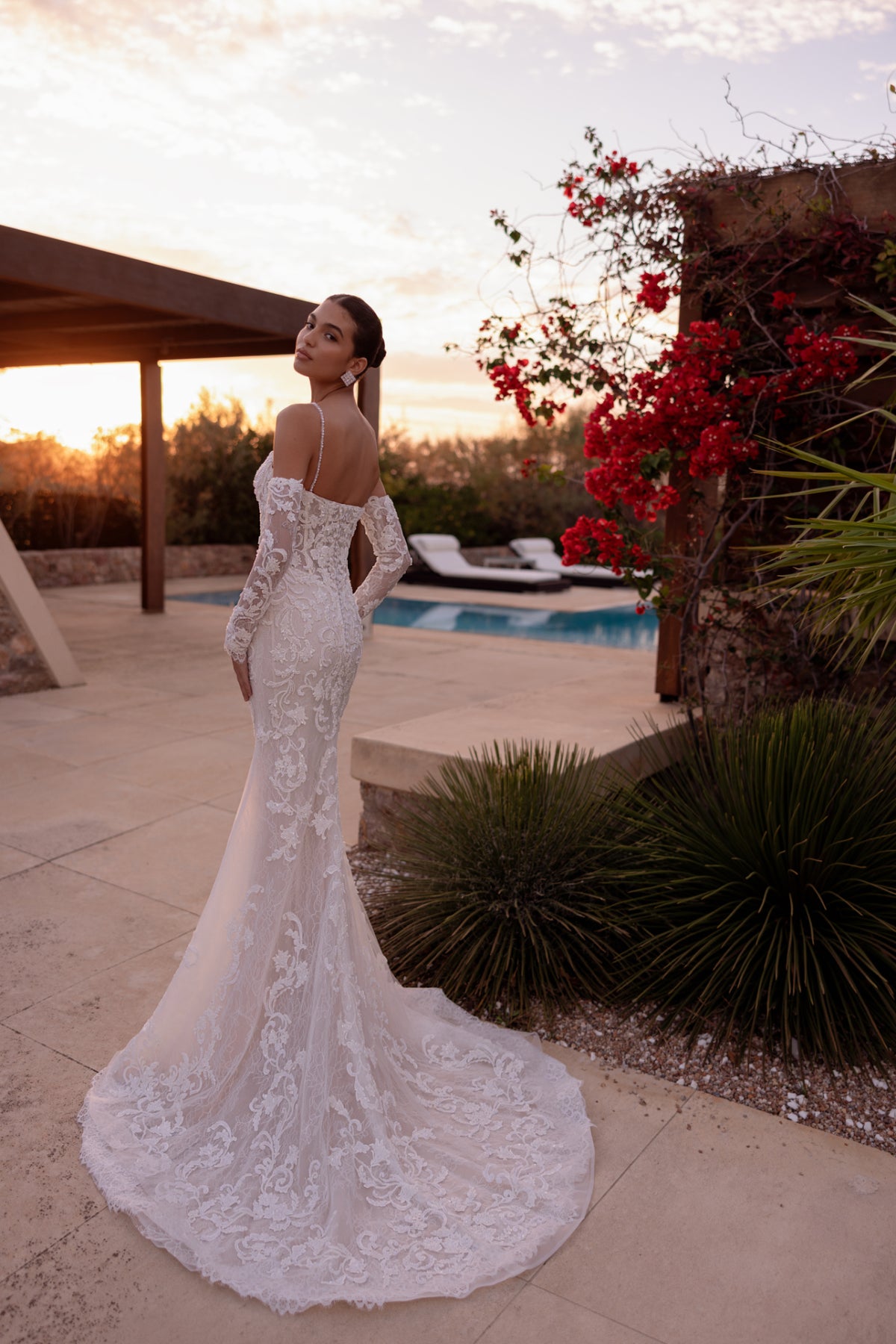 Sculpted Fit-And-Flare Wedding Dress with Detachable Overskirt and Sleeves