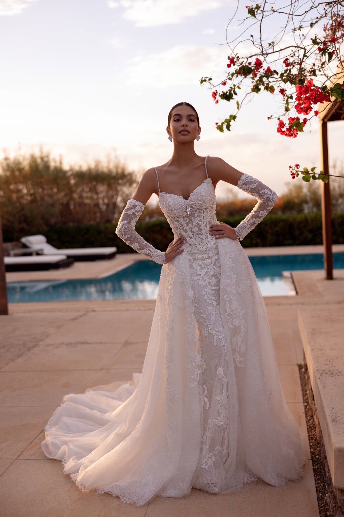 Sculpted Fit-And-Flare Wedding Dress with Detachable Overskirt and Sleeves
