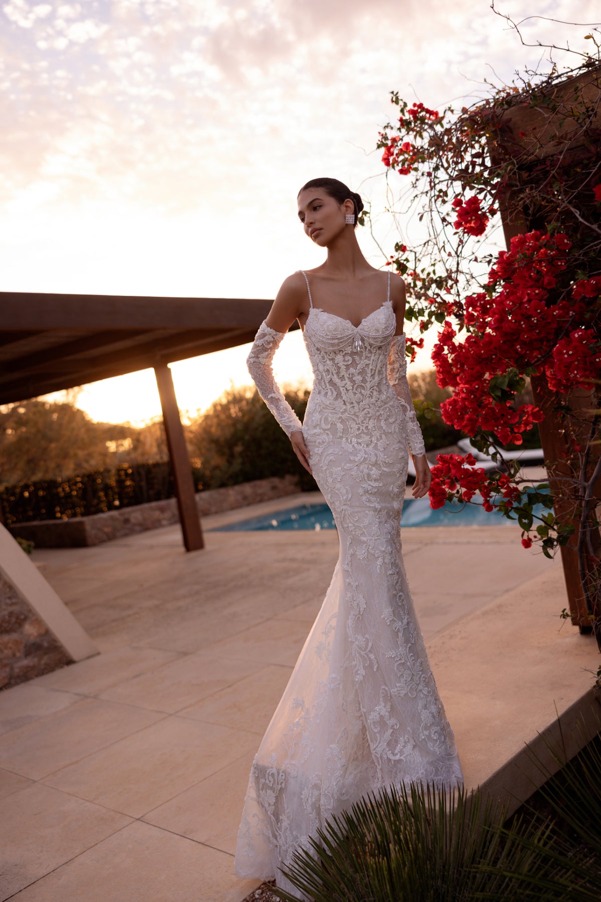 Sculpted Fit-And-Flare Wedding Dress with Detachable Overskirt and Sleeves
