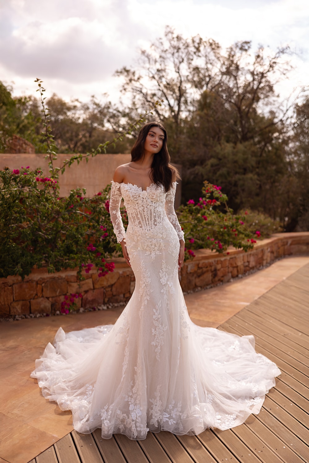 Plus-Size Off-The-Shoulder Embellished Mermaid Wedding Dress by Demetrios — image 1 of 2
