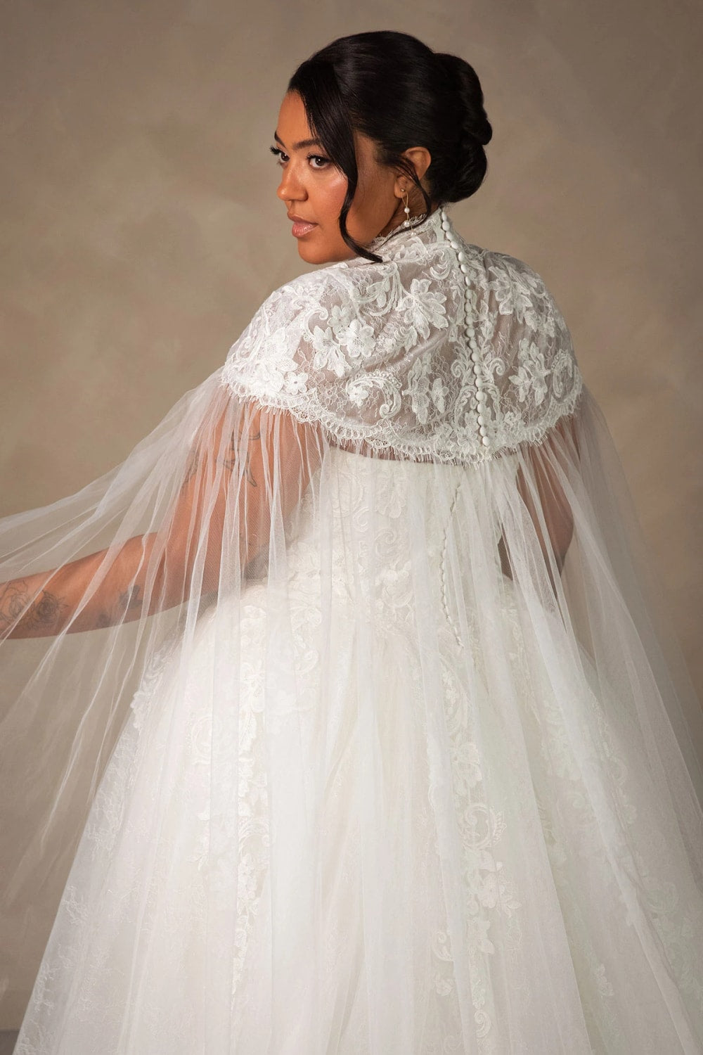 Detailed Strapless Lace Ballgown with Detachable Cape by Essense of Australia — image 3 of 3