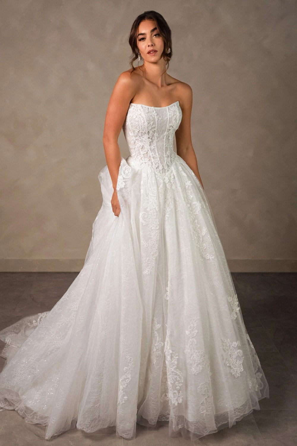 Detailed Strapless Lace Ballgown with Detachable Cape by Essense of Australia — image 1 of 3