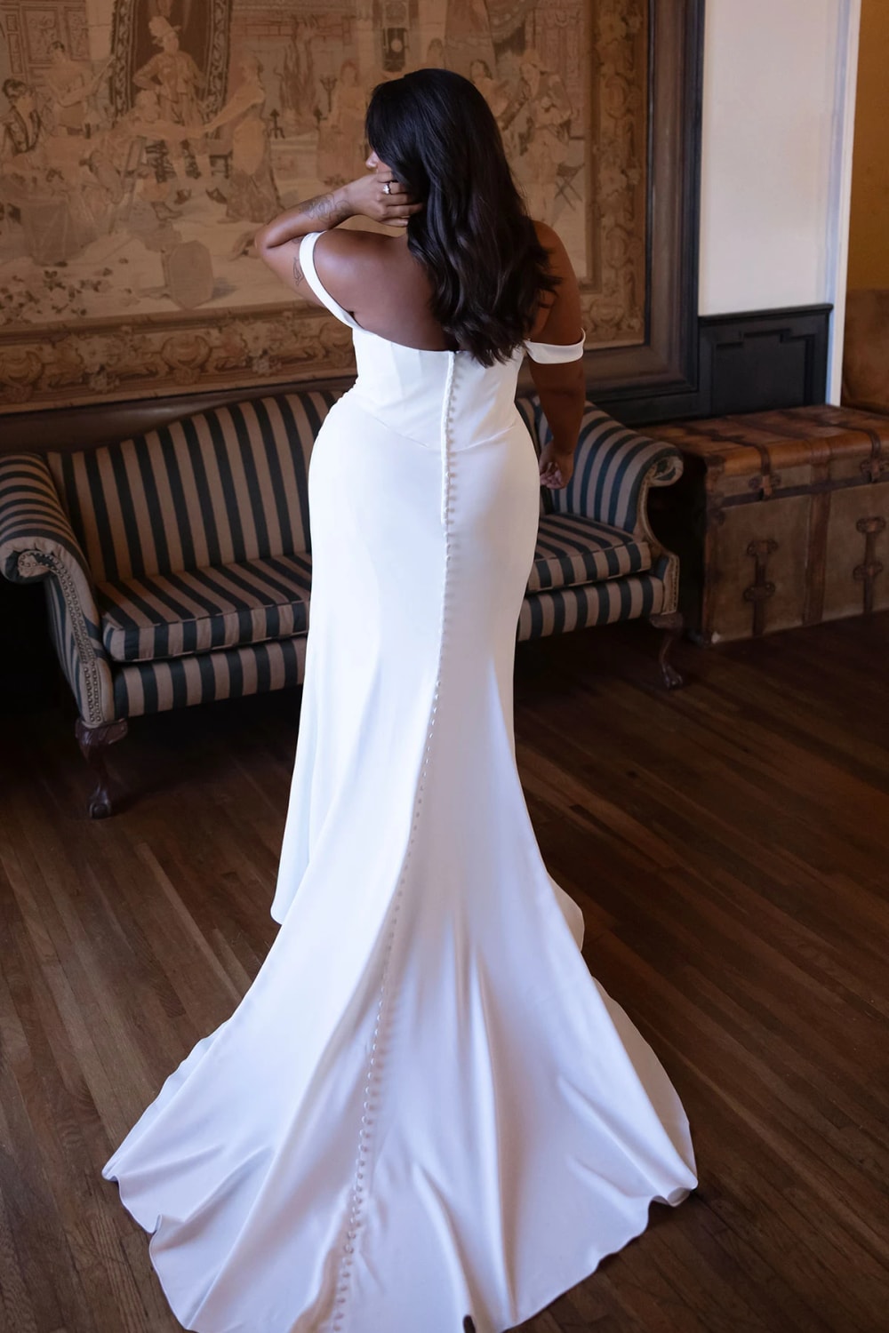 Plus-Size Simple Sheath Wedding Dress with Ruching by Essense of Australia — image 3 of 3