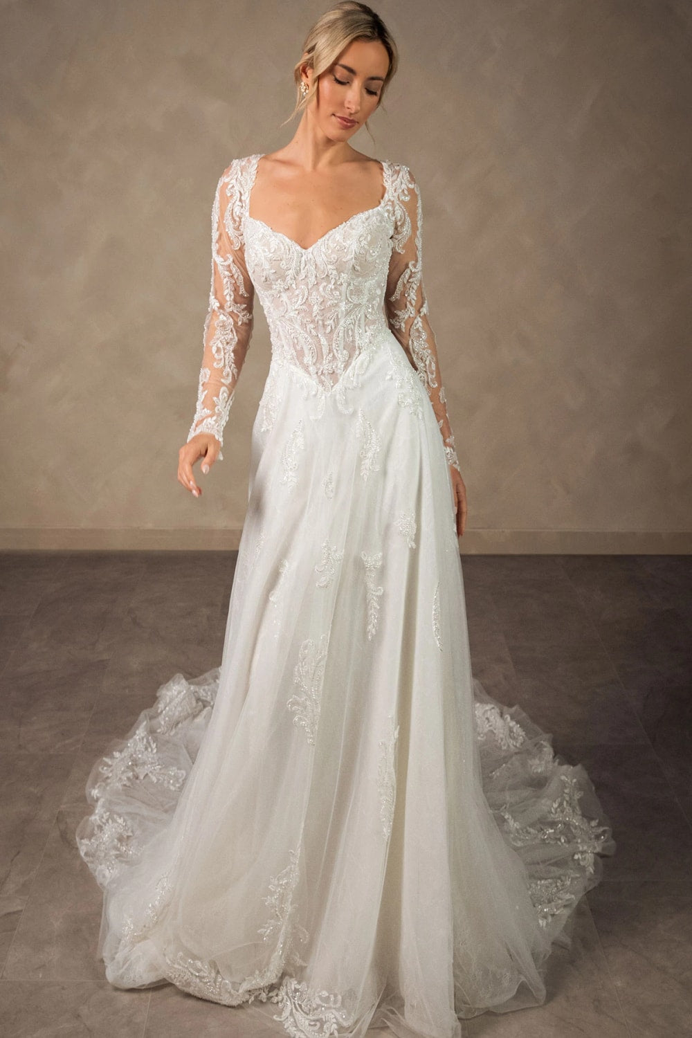 Romantic and Detailed Long Sleeve A-Line Wedding Dress by Essense of Australia — image 2 of 4
