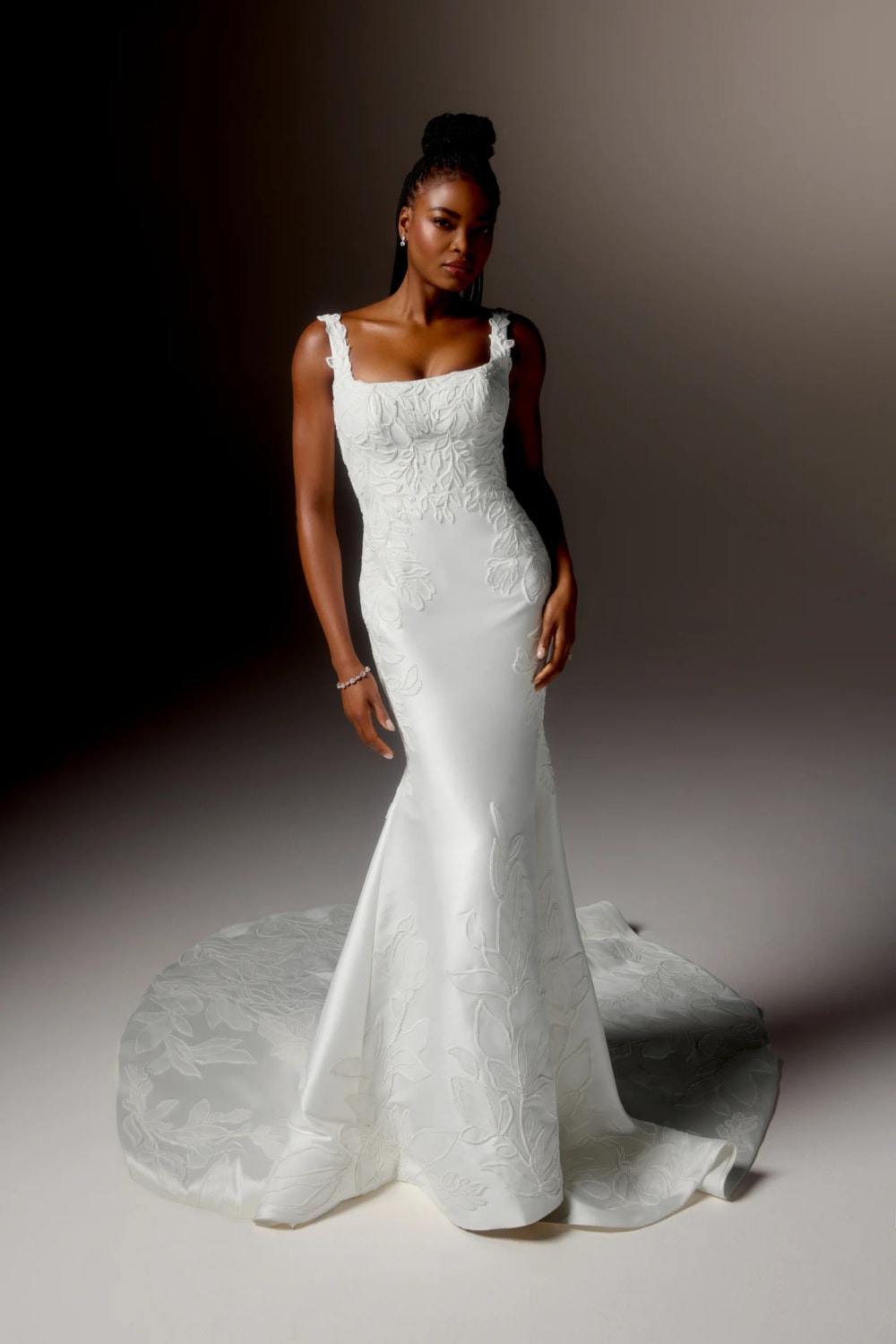 Square Neck Fit-And-Flare Wedding Dress with Ivory Embroidered Soutache Throughout by Justin Alexander Signature — image 1 of 4