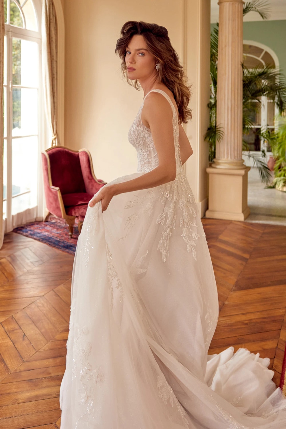Sparkly Tulle A-Line Wedding Dress with V-Neck by Justin Alexander — image 2 of 5