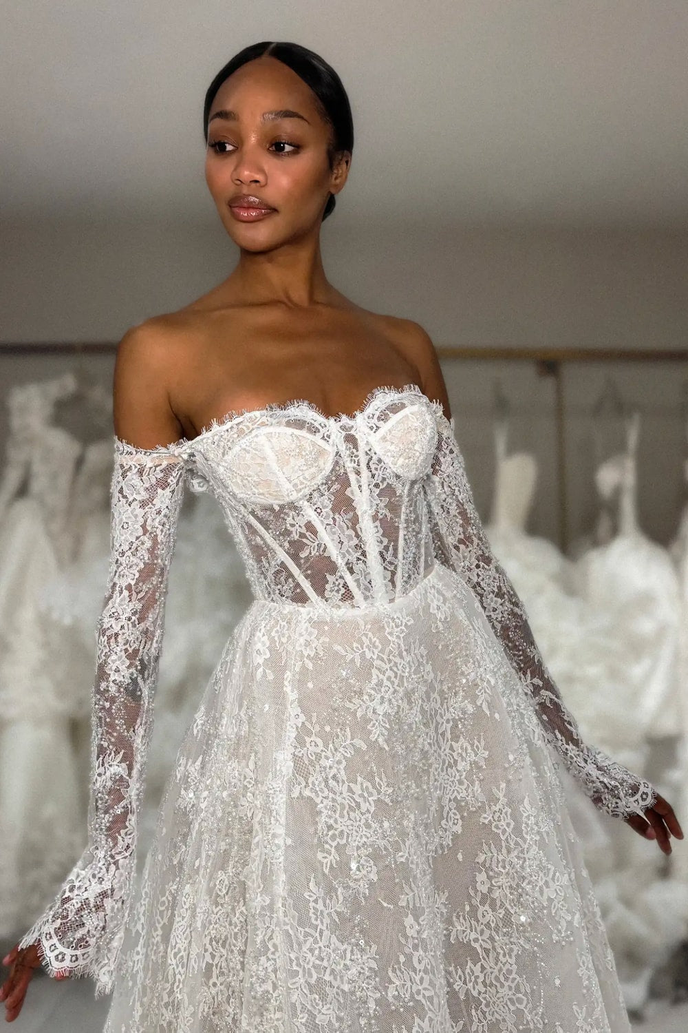 Off-The-Shoulder A-Line Wedding Dress with Sheer Bodice by Love by Pnina Tornai — image 2 of 3