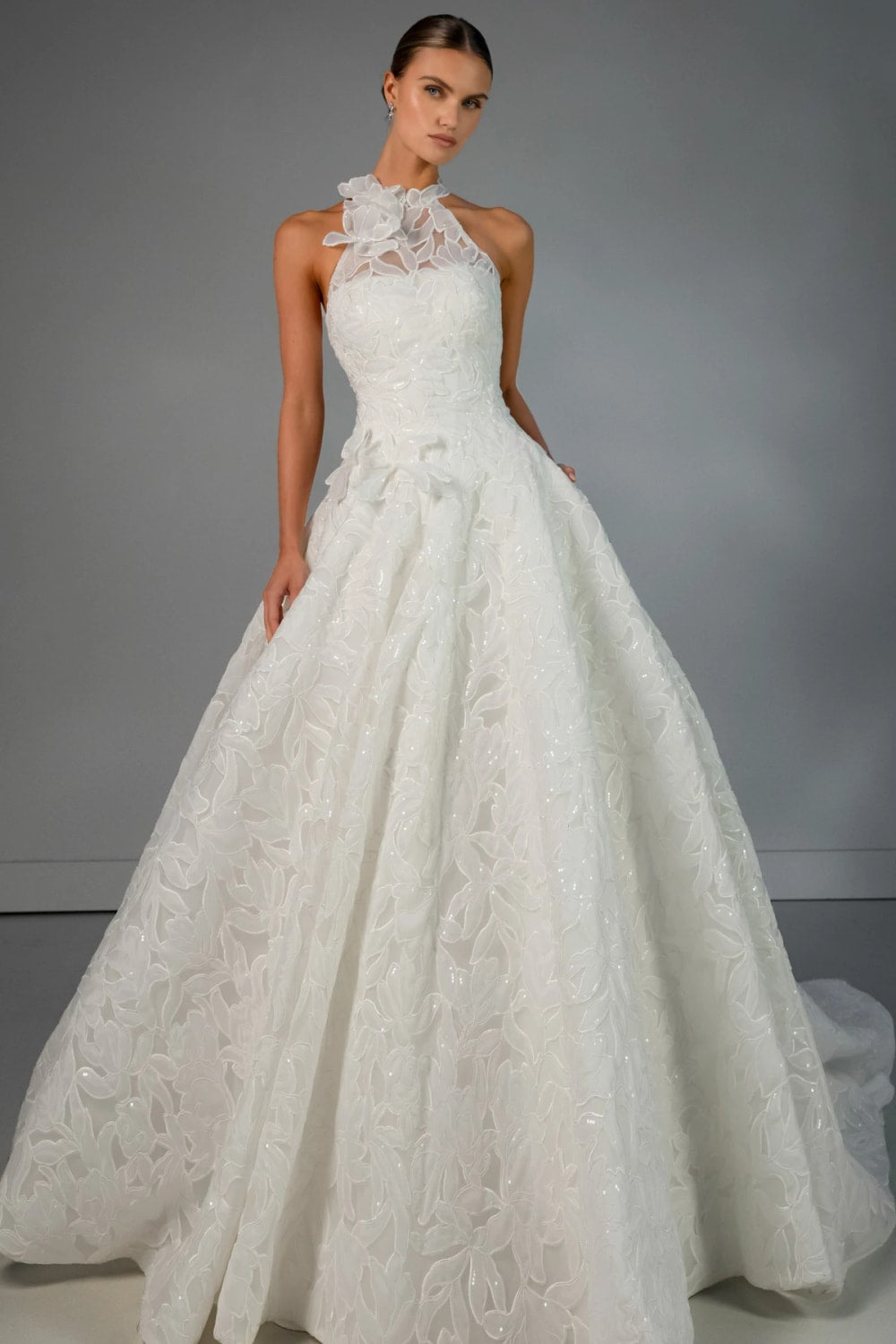 High-Neck A-Line Wedding Dress with Dimensional Floral Details by Martina Liana Luxe — image 1 of 3