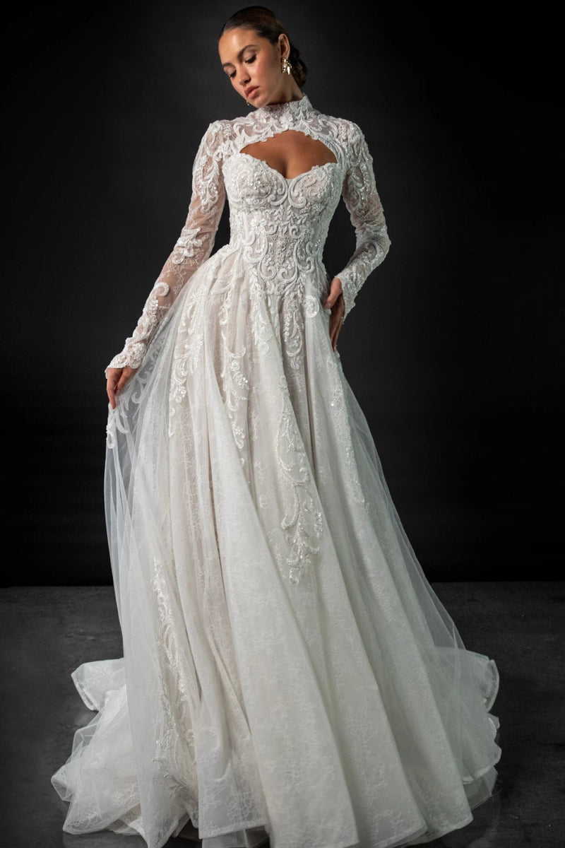 formal long sleeve white dresses Martina Liana High Neck Lace A-Line Wedding Dress Removable Tie Perfect for any event Jennifer Lawrence Embodies Red-Carpet Color:Dusty Blue As Picture