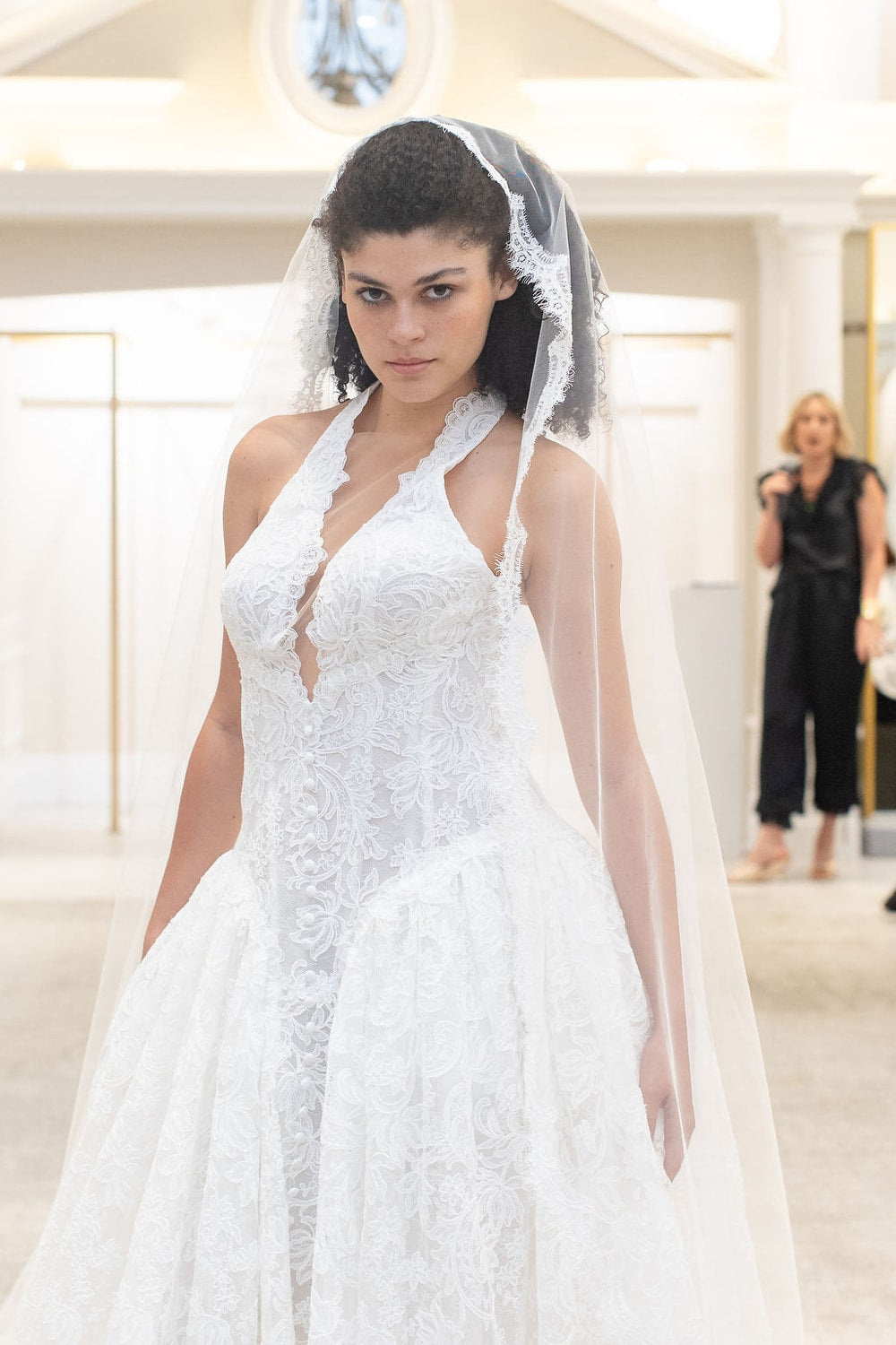 All Over Lace Modern Halter A-Line Wedding Dress with Dropped Waist by Martina Liana for Kleinfeld — image 2 of 2