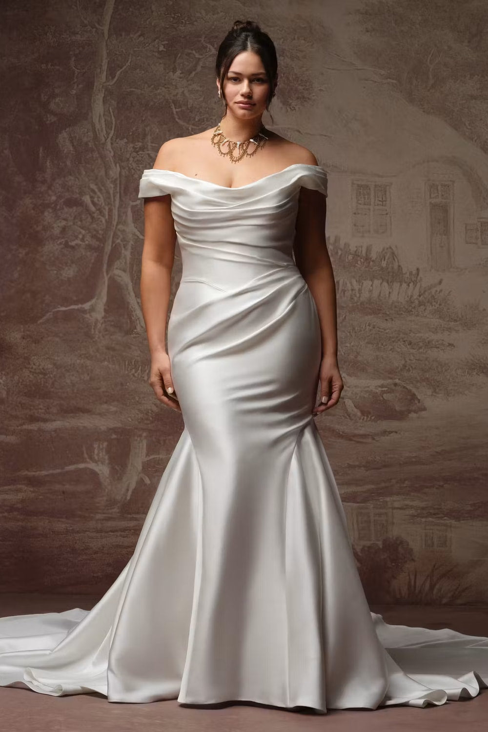 Plus-Size Sleek Fit-And-Flare Wedding Dress with Draped Bodice by Maggie Sottero — image 1 of 3