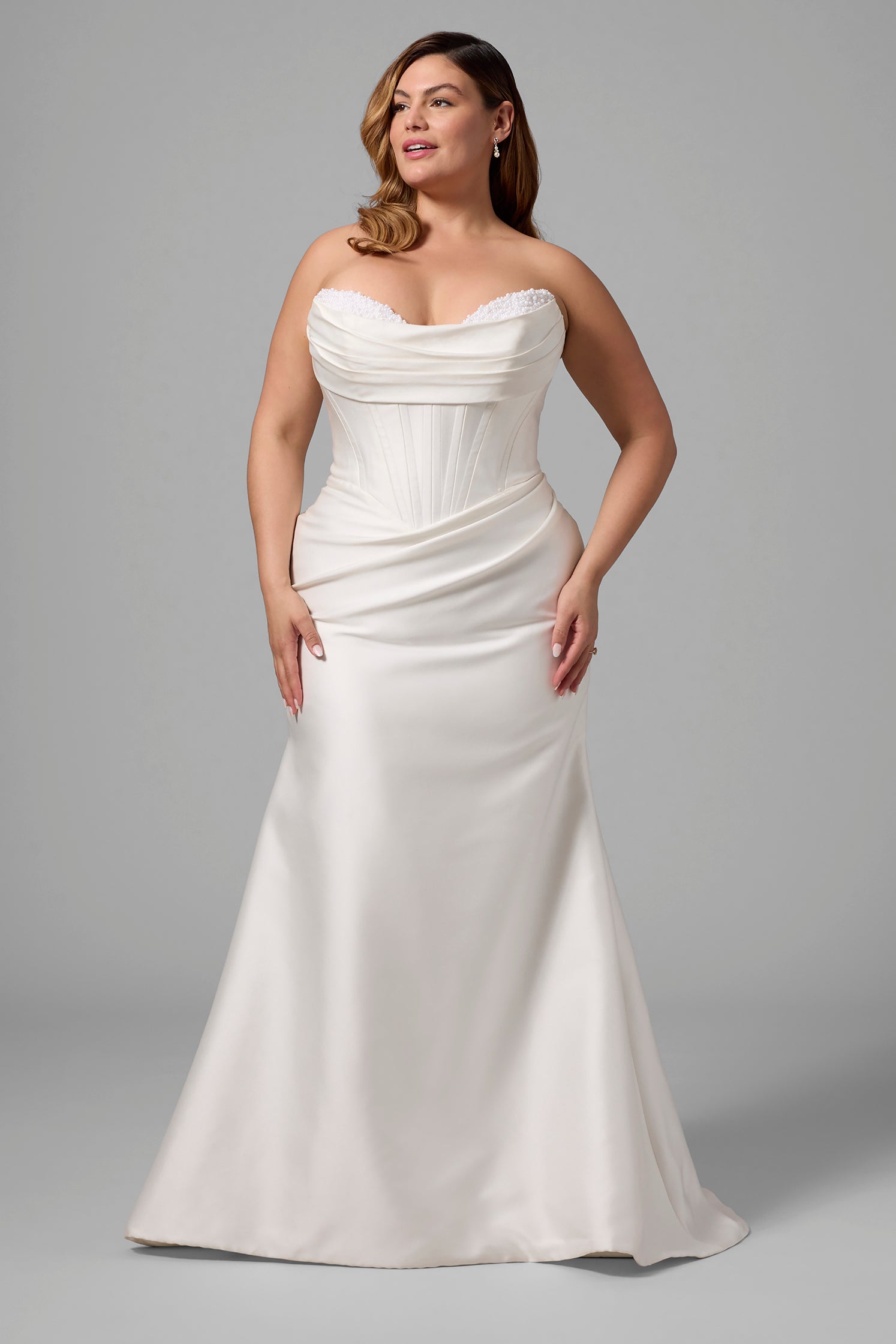Plus-Size Chic Pearl-Embellished Fit-And-Flare Wedding Dress With Overskirt