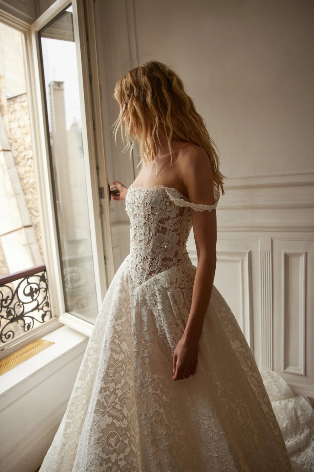 Floral A-Line Wedding Dress with Delicate Off-The-Shoulder Straps by Netta BenShabu Elite Couture — image 2 of 4