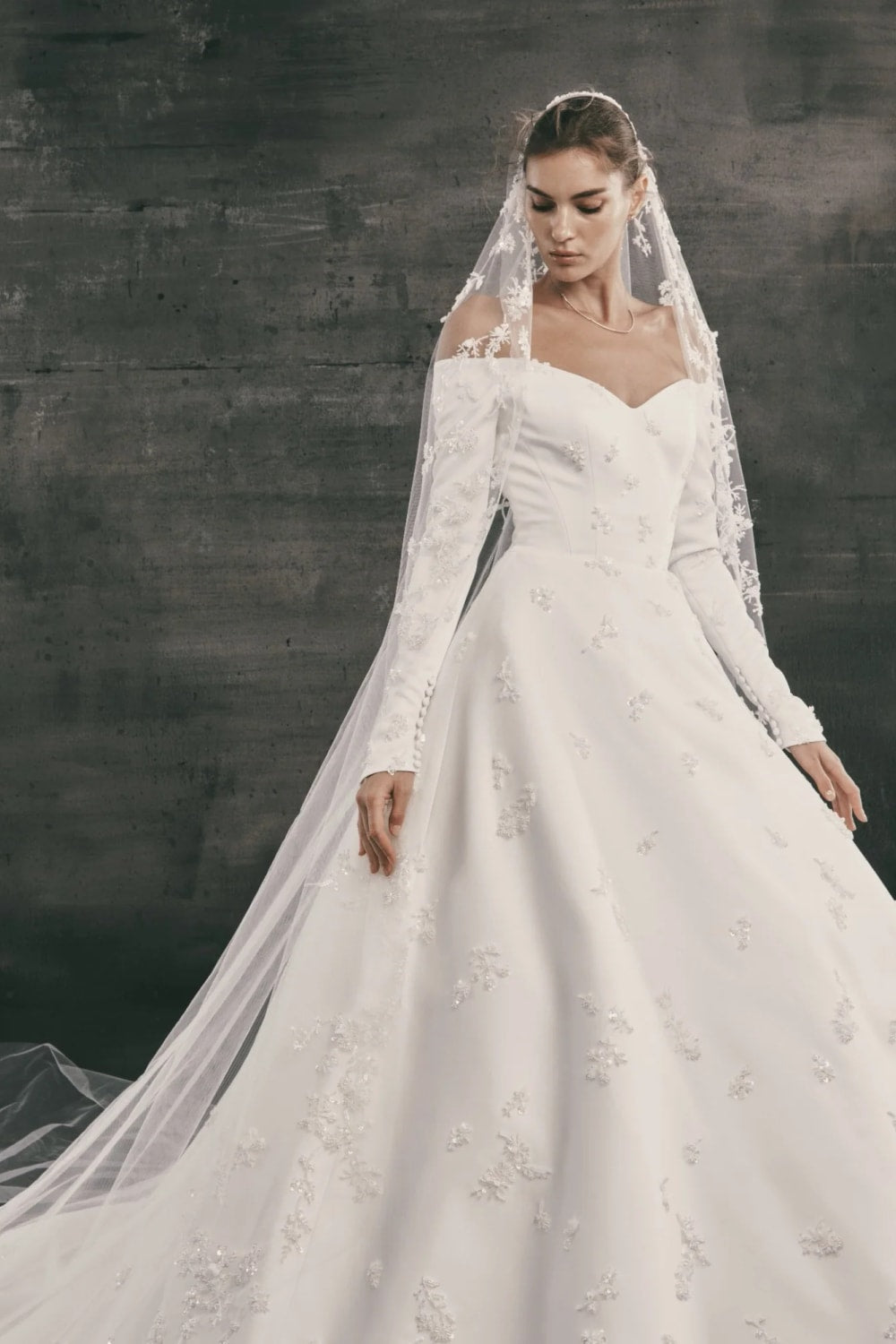 Long-Sleeve Off-The-Shoulder A-Line Wedding Dress with Embellishments by Nicole + Felicia — image 2 of 3