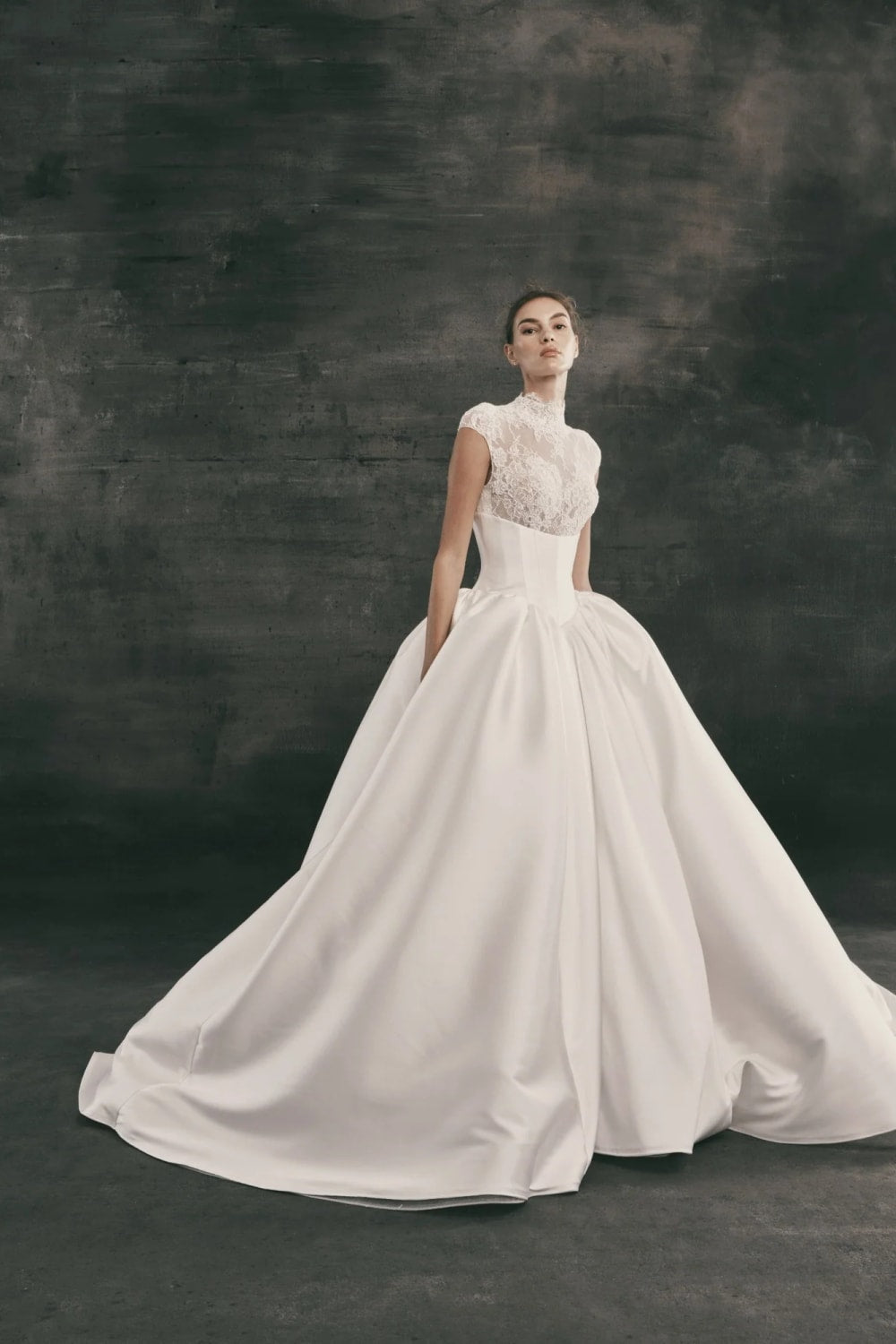 Unique and Structured Ball Gown with Lace Bodice by Nicole + Felicia — image 1 of 2